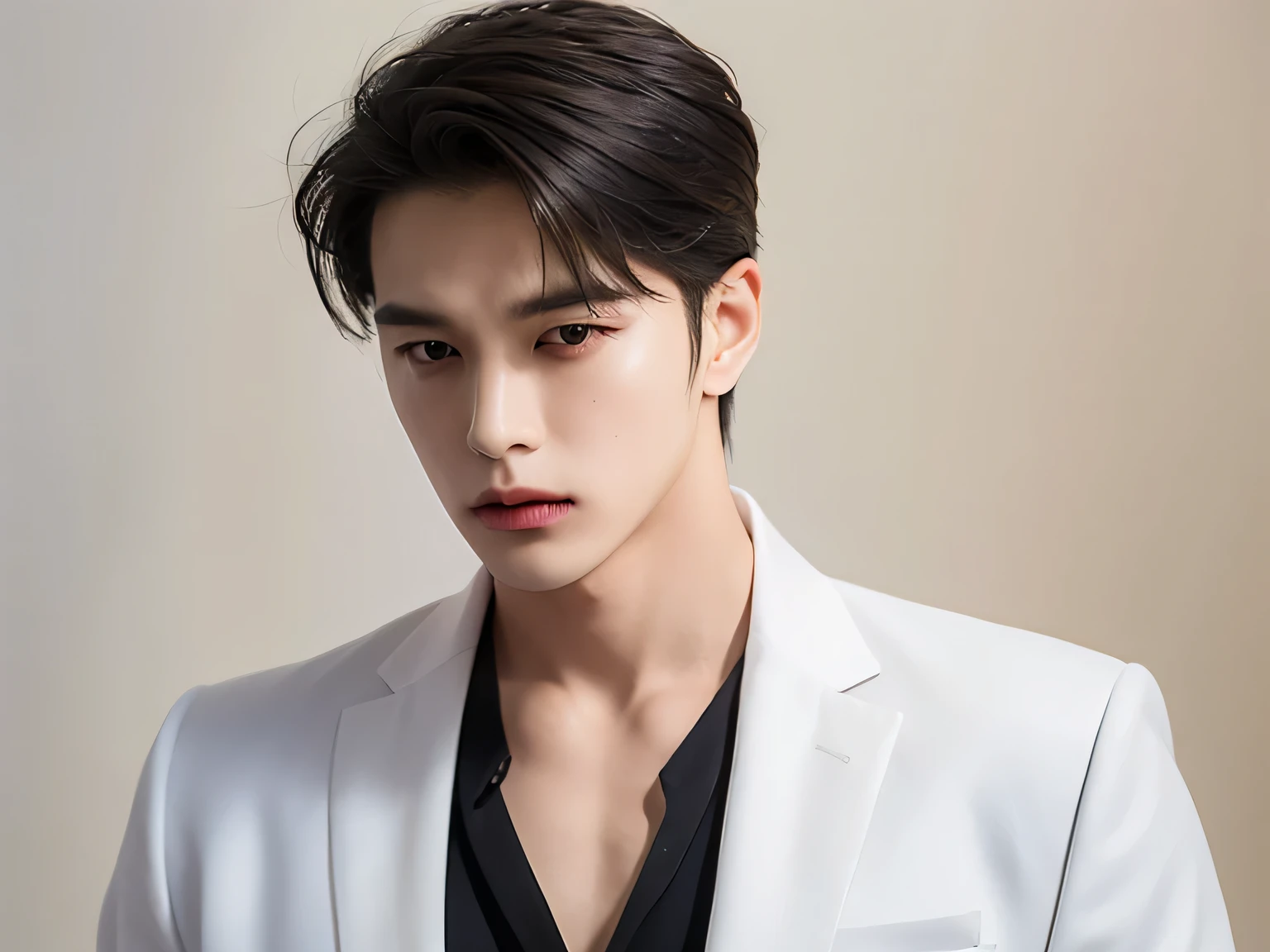 lip, beard, sad face, face down, Blackened edge, 20 year old man, Very handsome , Korean Series Stars, White skin, handsome, classic side part hairstyle, black background, Masterpiece, best quality, Cool personality , a man, Detailed image, clear, Shiny, Cold eyes, Very handsome , half body model, wearing a white suit, , straight shoulder, striped shirt-golden Thai bird, One Man, reflect, standing, front view.