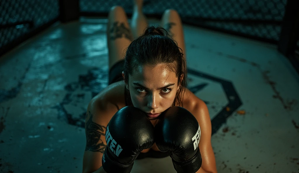 a very athletic pretty brunette woman boxer knee in the ring. She's tired and hurt after losing the fight. Lot of sweat on her body. She's breathing hard and a little water drop from her mouth. One of her hand is one her belly, another is over her head, holding the ring's string. She's wearing a black top.