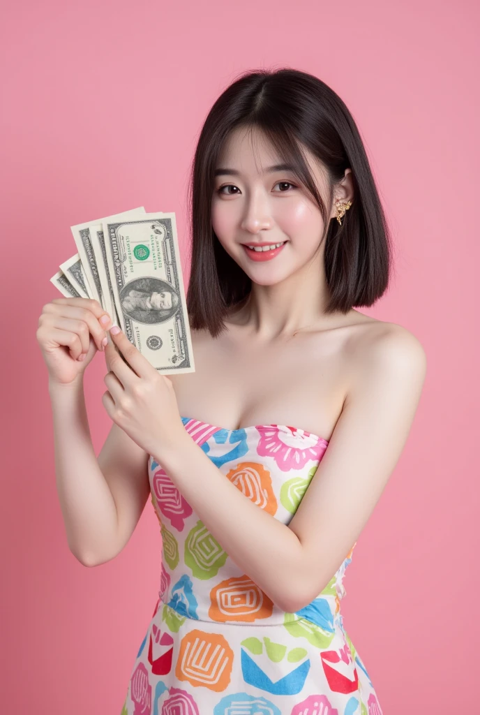 Create an image of an 18-year-old Asian female, holding money in her hand, with a cute and smiling face. The image is full-body, slightly revealing, youthful, and realistic.