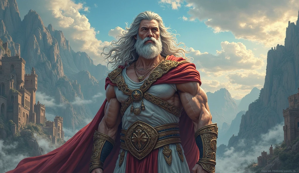 painted portrait of rugged zeus, god of thunder, greek god, on Mount Olympus, white hair, full body, mature, handsome, fantasy, intricate, elegant, highly detailed, digital painting, artstation, concept art, smooth, sharp focus, illustration, art by gaston bussiere and alphonse mucha