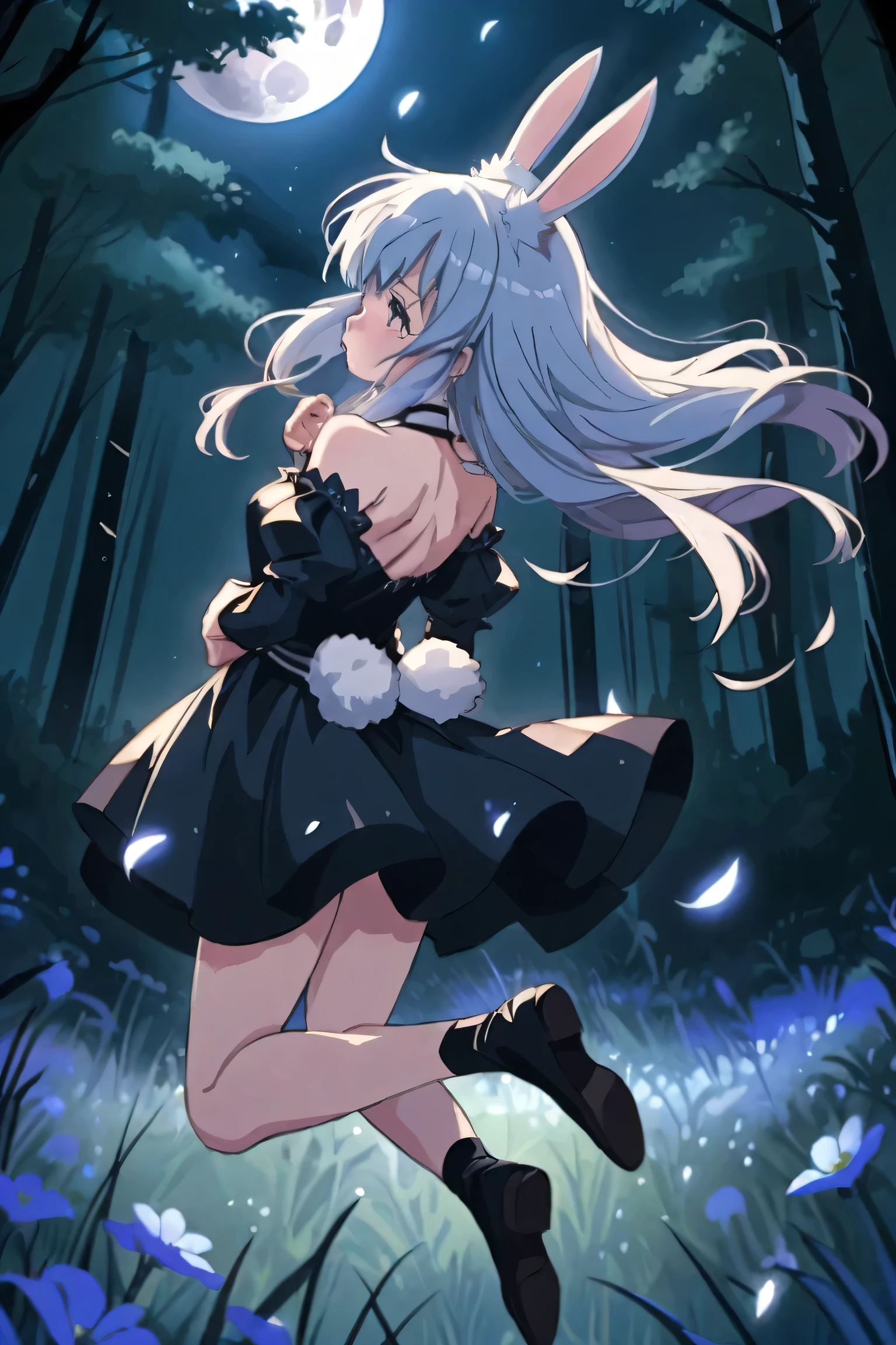 beauty girl, rabbit girl, full body, bauty eye, long eyelush, grossy lip, night time, dark forest, blue moon, blue light, blue lighting flowers, black dress, anime style, jump with knees bent, The skirt is flipped up by wind, back shot, turn around, 1girl,