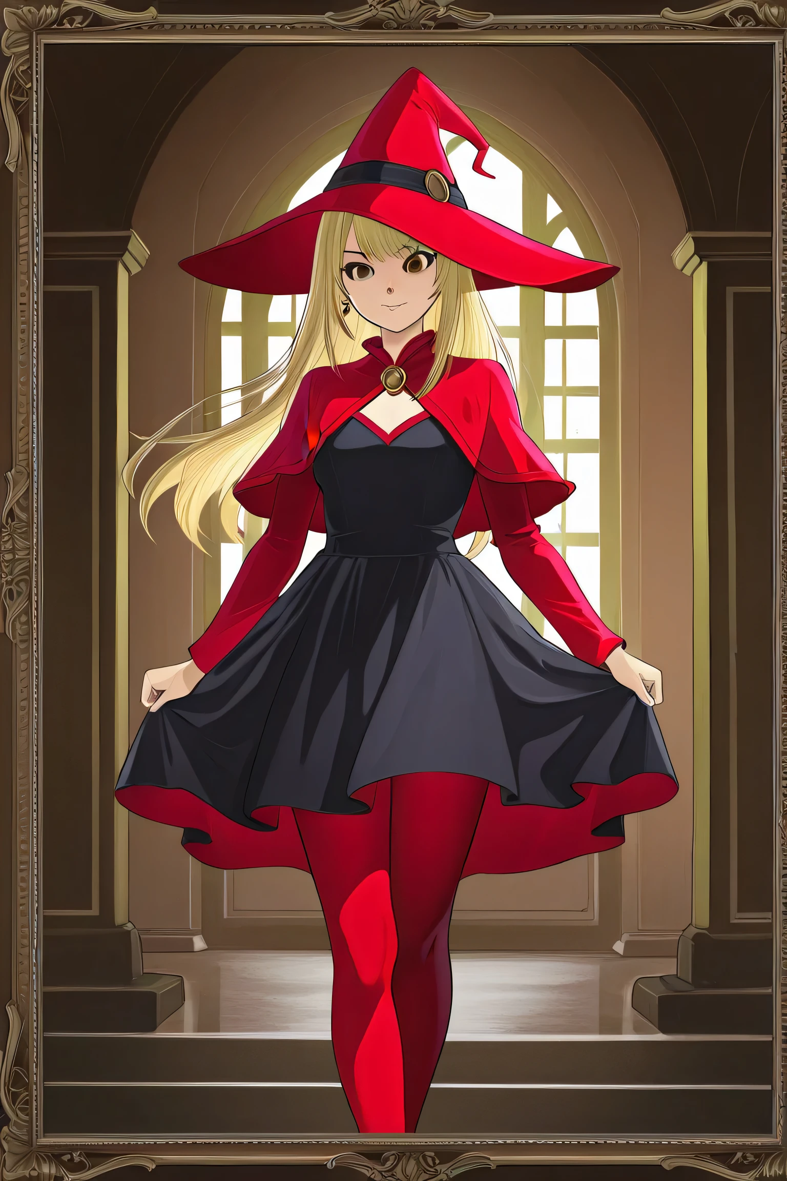 woman wizard , long blond hair,  brown eyes, Black and red hat on top ,black dress with medium breast neckline, red tights