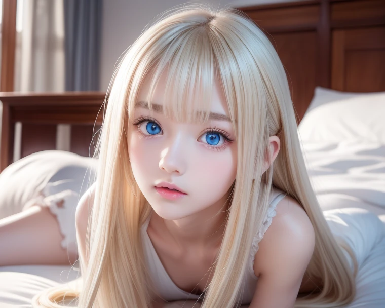 cheveux blonds, hair behind the ear, yeux violets, fille, adolescent, nu, topless, plage, lying down, vue de l'entrejambe, string, award winning, Best quality, high resolucion, 8k --auto
