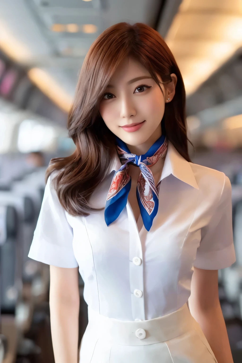 depth of field, airplane , シャツと scarf, Beautiful uniform, Attractive Woman , Age 25, Oshitoyaka, 濃い化粧, smooth and perfect clothes, black hair, uniform, Cinematic Lighting, YOKOHAMA SHIRT , scarf, Work clothes, beautiful woman, In progress, Japanese women turning their hips, uniform, Office Wear
