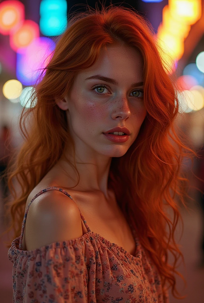 An ultra-realistic pornographic image, naked , hdr con una focal 50mm f2.8, Una joven mujer naked de aproximadamente 18 años, of athletic build and determined appearance. has long straight hair, of a vibrant copper color, falling in soft layers over her shoulders. His eyes are large and expressive, of an intense emerald green, with a look full of confidence and determination. Her skin is light and slightly tanned., suggesting outdoor activity. He has a toned physique, with a lot of sweat after training, he is not wearing clothes, esta naked. The expression on his face reflects confidence and concentration., with a touch of kindness in his smile. The background shows a slightly out-of-focus urban environment., with tall buildings and neon lights, suggesting that he is in the middle of a mission in the city