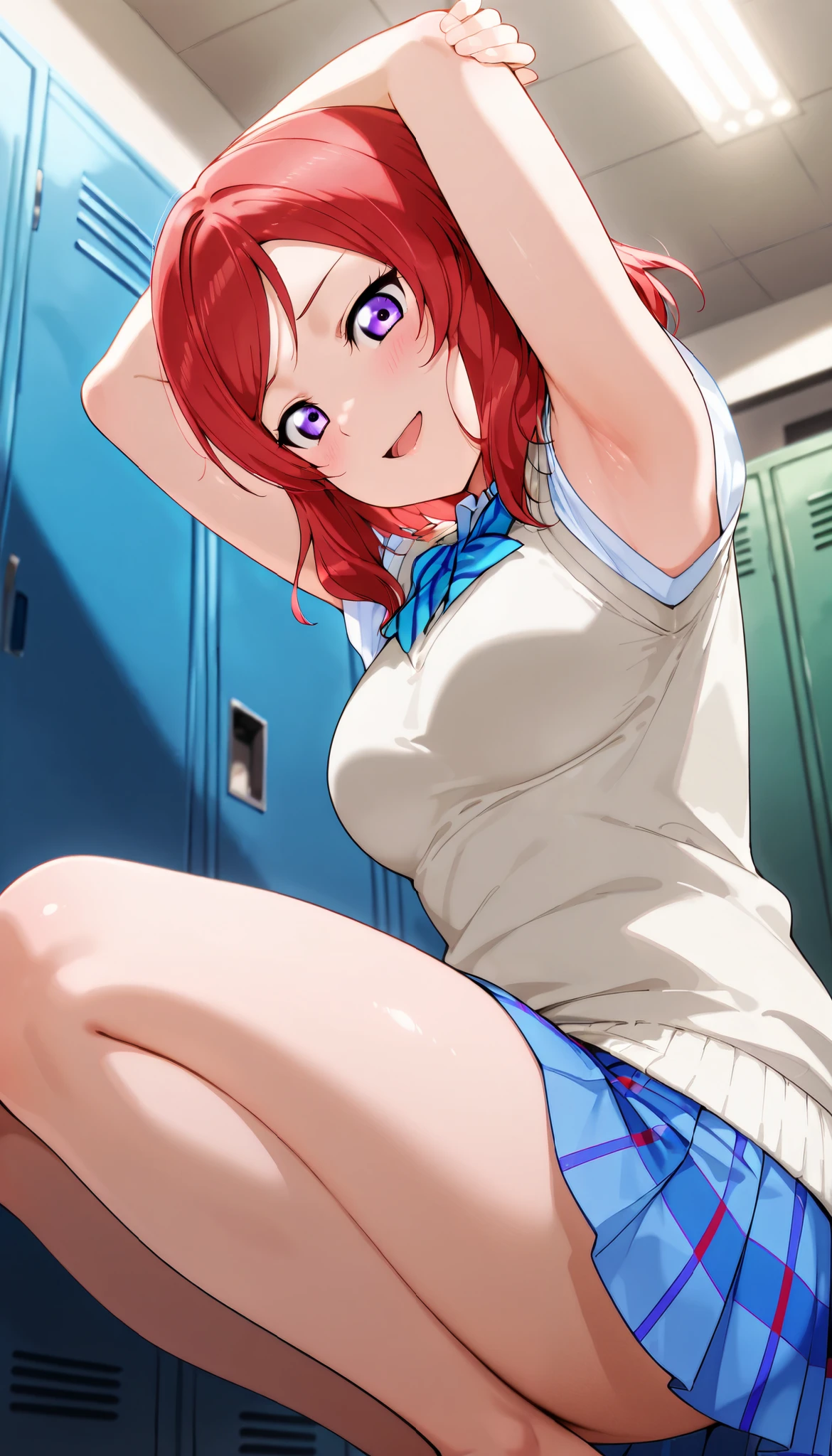 lovelive_maki,
sweater vest, short sleeves, blue plaid skirt, blue stripe bowtie, breasts, red hair, medium hair, purple eyes
,BREAK, armpit, arms over head, focus on armpit,
smile, ,scorn,open mouth, (cheerful),looking down at viewer,\(red blush\), embarrassed,
BREAK,
,Squat,looking down at viewer,Squatting,
from side,show armpit from sleeves,
((masutepiece,hight resolution)), masutepiece, Best Quality, , absurderes, Perfect Skin, Detailed skin texture, ultra-detailliert, 8K, Intricate details, beautifull detailed face,hight resolution, 1girl ,from front,
indoors,locker room