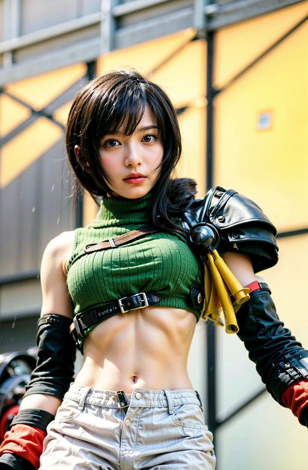 (muscular:2), (thick thighs:2.1),
tifa lockhart, (big smile:1.5), long black hair, red eyes
eyeshadow, red lips,
(small breasts:2),
(choker, tanktop, midriff, fingerless gloves, suspenders:1.3), (pleated skirt:1.4),
looking at viewer, (three quarter view), cropped knees,
(in the desert), rim lighting, two tone lighting, dim lighting, bokeh, detailed skin, detailed eyes