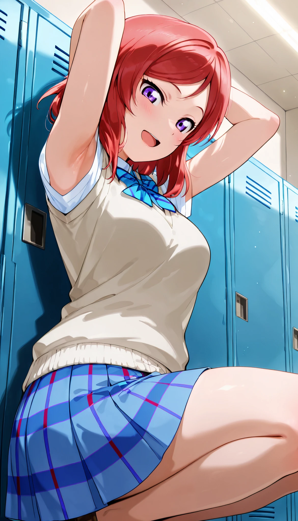 lovelive_maki,
sweater vest, short sleeves, blue plaid skirt, blue stripe bowtie, breasts, red hair, medium hair, purple eyes

,BREAK, armpit, arms over head, focus on armpit,
smile, ,scorn,open mouth, (cheerful),looking down at viewer,\(red blush\), embarrassed, 

BREAK,

,Squat,looking down at viewer,Squatting, 
from side,show armpit from short sleeves,

((masutepiece,hight resolution)), masutepiece, Best Quality, , absurderes, Perfect Skin, Detailed skin texture, ultra-detailliert, 8K, Intricate details, beautifull detailed face,hight resolution, 1girl ,from front,

indoors,locker room