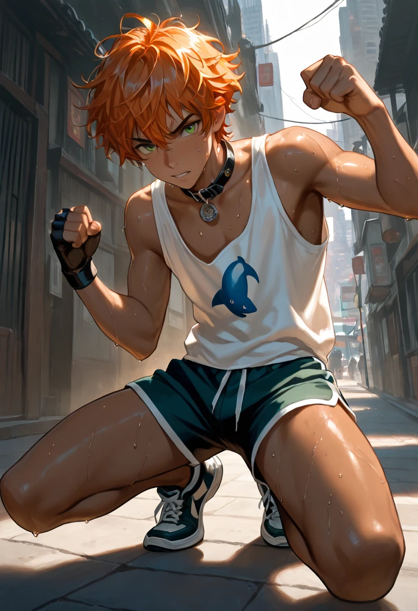 1boy, young male, 18yrs old, brown skin, sweat, dolphin shorts, tank top, fingerless grove, shoes, collar, fighting pose, sunshine, short hair, messy hair, orange hair, green eyes, cinematic lighting, masterpiece, best quality, city square, hong kong