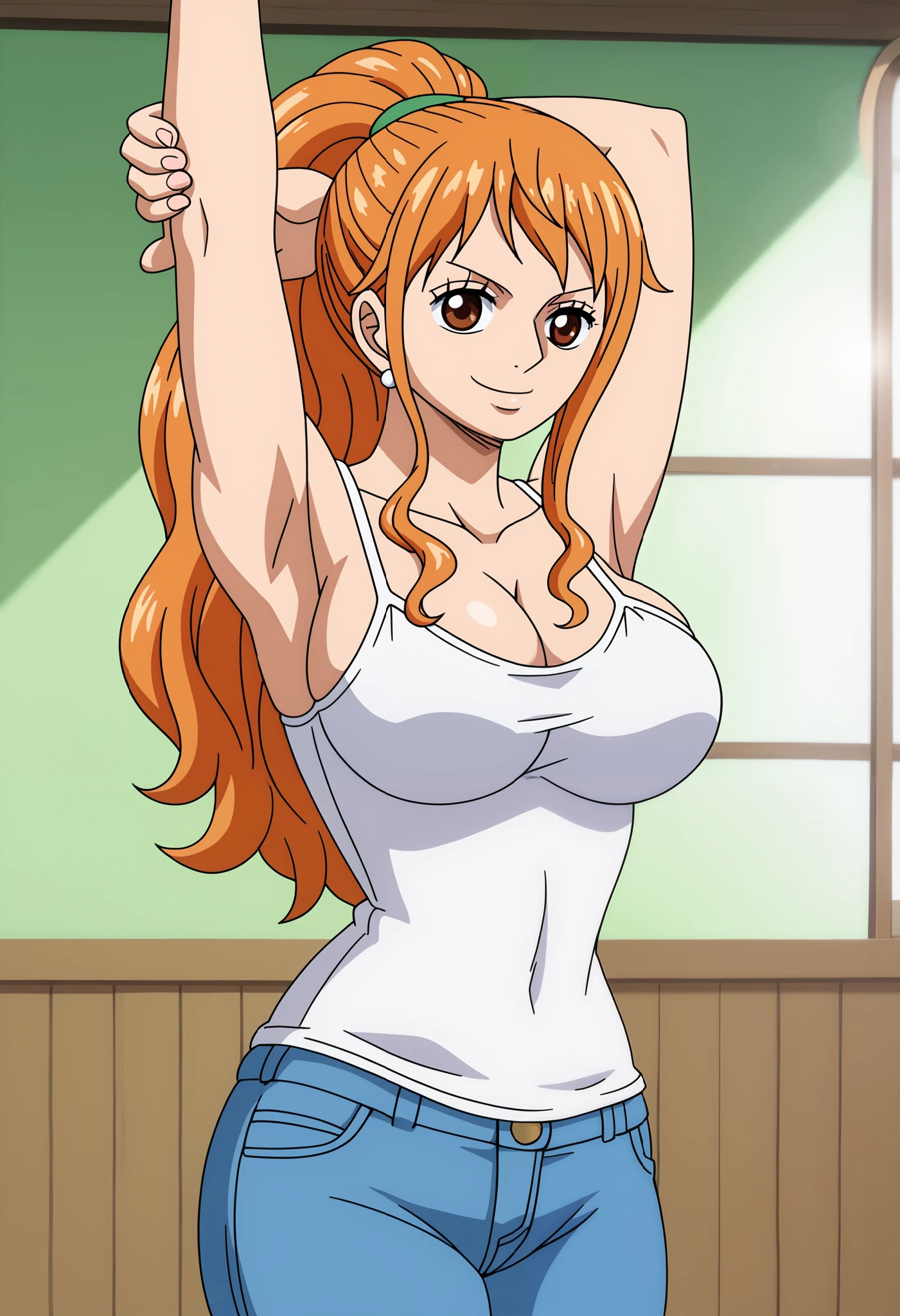 score_9_up, best quality, cowboy shot, anime_source, anime style, (SOLO:1.7), 1girl, Nami, orange hair, (white comesole:1.4), morning, (ponytail:1.7),  (serious smile:1.3), (curvy body:0.7),), (slightly looking at the viewer:1.2) (Medium breasts:1.5), jeans, (tiny biceps:1.2), looking forward, (slightly from right:0.6), (stretching1.5), (stretching:1.6), (springy breasts:1.6), (cheering:1.4)