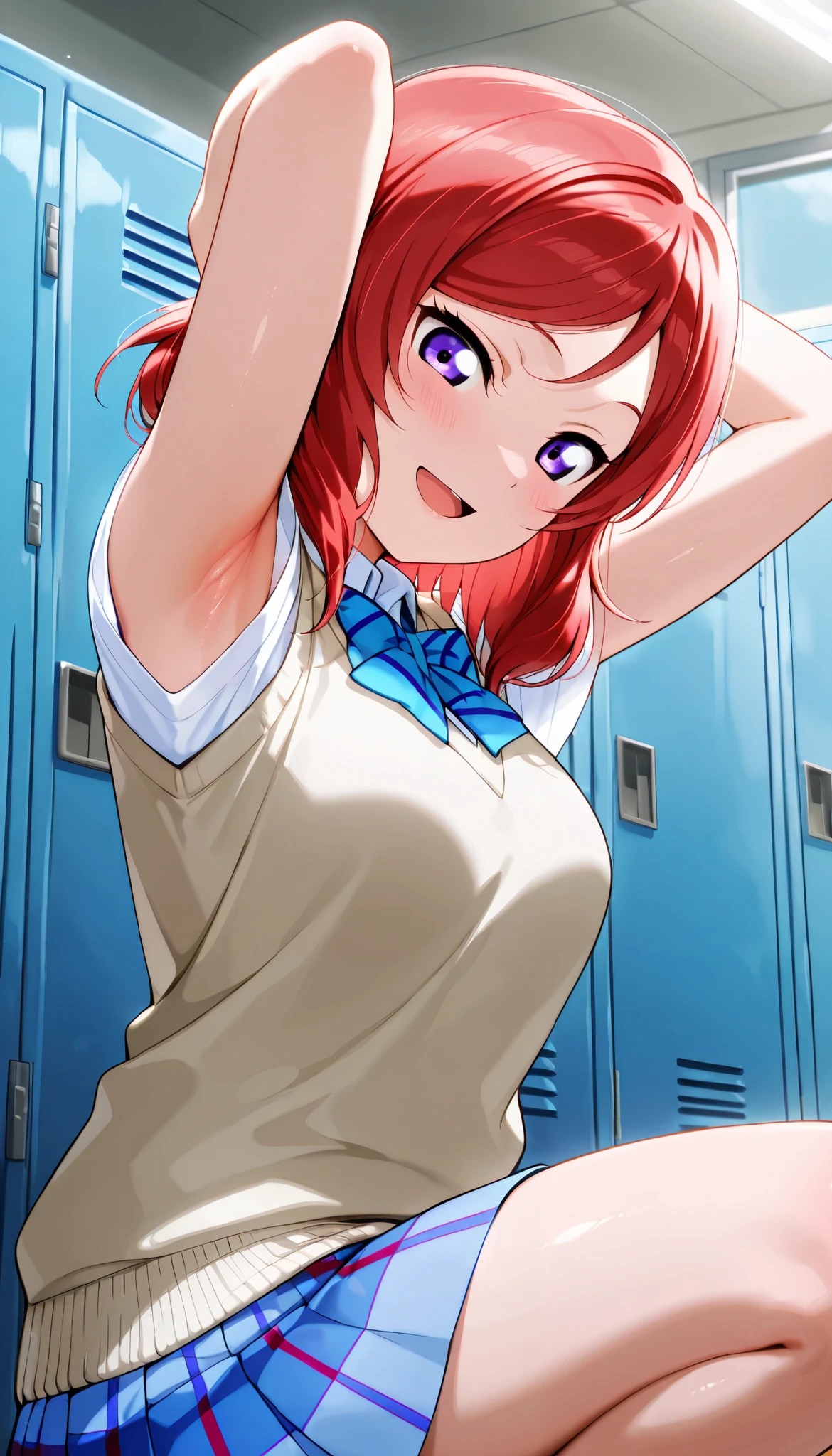 lovelive_maki,
sweater vest, short sleeves, blue plaid skirt, blue stripe bowtie, breasts, red hair, medium hair, purple eyes
,BREAK, armpit, arms over head, focus on armpit,
smile, ,scorn,open mouth, (cheerful),looking down at viewer,\(red blush\), embarrassed,
BREAK,
,Squat,looking down at viewer,Squatting,
from side,show armpit from short sleeves,
((masutepiece,hight resolution)), masutepiece, Best Quality, , absurderes, Perfect Skin, Detailed skin texture, ultra-detailliert, 8K, Intricate details, beautifull detailed face,hight resolution, 1girl ,from front,
indoors,locker room