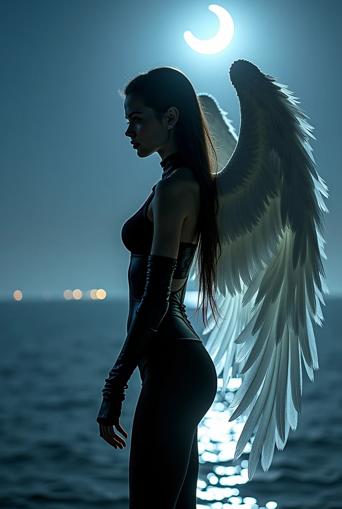 ((((looking camera)))) (((Full body photo of sexy woman with huge wings sitting on the streets with smoke and fog, on fire under the pouring rain at night, on the other side of the city, illuminated by the city lights and with his whole body wet))). feeling cold. It captures the intensity of the rain falling on the woman as she runs. Focus on the woman's facial expression, Showing determination despite the rain. It creates a contrast between the darkness of the night and the city lights that surround it. Make sure the woman's white T-shirt is soaked and stuck to her body. Use lighting techniques to highlight raindrops in the air and on women's clothing. Make wet streets reflect city lights to create a cinematic atmosphere. The perspective should be from a low angle to emphasize women's vulnerability in the rain... Add flare to city lights to create a bokeh effect in the background. Use cool colors and blue tones to convey the feeling of cold in the image.