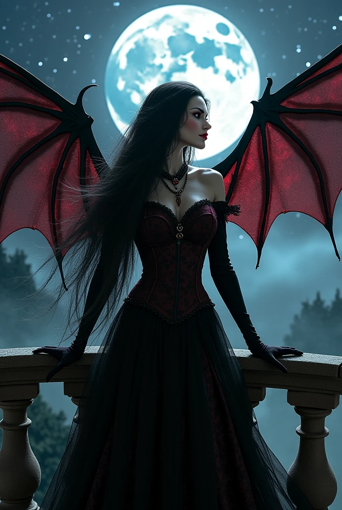(Exquisite masterpiece, 8K, UHD, photorealistic: 1.3), enchanting young girl, slender figure draped in shadows, (intense crimson eyes: 1.2), wings unfurled, resembling the embrace of the night, (bat-like ears: 1.1), delicate yet striking, amidst a moonlit backdrop, (flowing ebony cloak: 1.2), intricate stitching, billowing softly in the nocturnal breeze, perched upon a gothic spire, silhouetted against the starry sky, (elegant yet eerie atmosphere: 1.2), mist swirling below, hinting at mysteries untold, (subtle gleam of moonlight: 1.3), illuminating her ethereal features, a haunting melody echoing through the darkness, composed of whispers and echoes, (midnight serenade: 1.1), a symphony of shadows and silence.