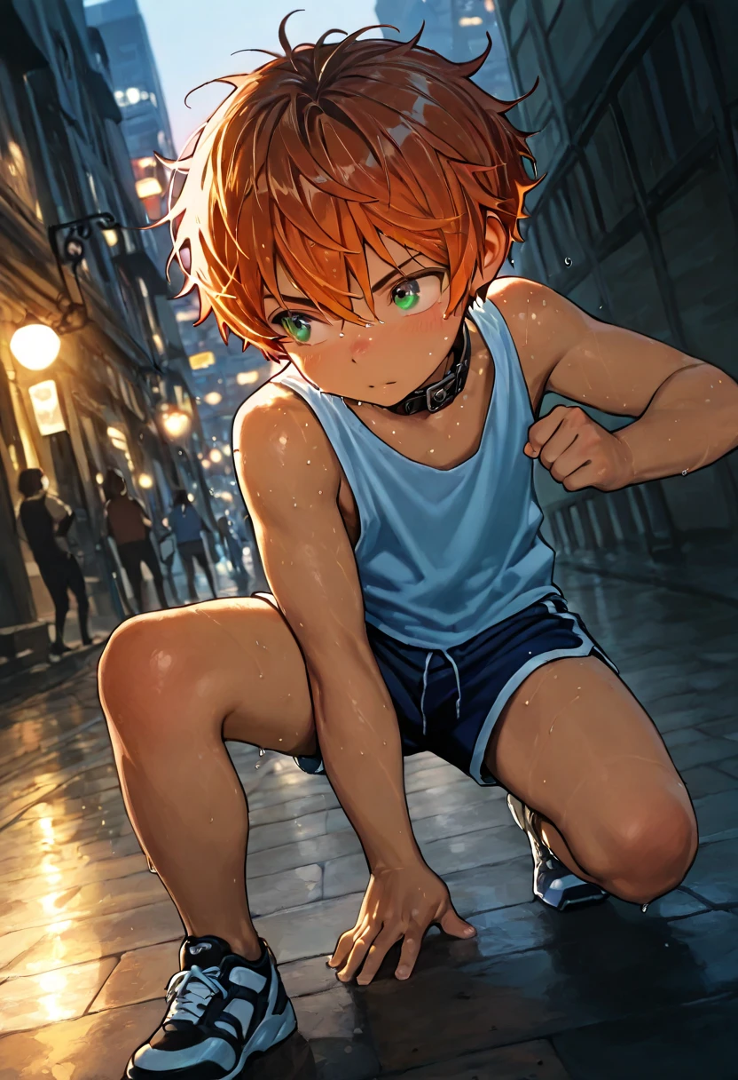 1boy, young male, 18yrs old, brown skin, sweat, dolphin shorts, tank top, fingerless grove, shoes, collar, fighting pose, sunshine, short hair, messy hair, orange hair, green eyes, cinematic lighting, masterpiece, best quality, city square, hong kong