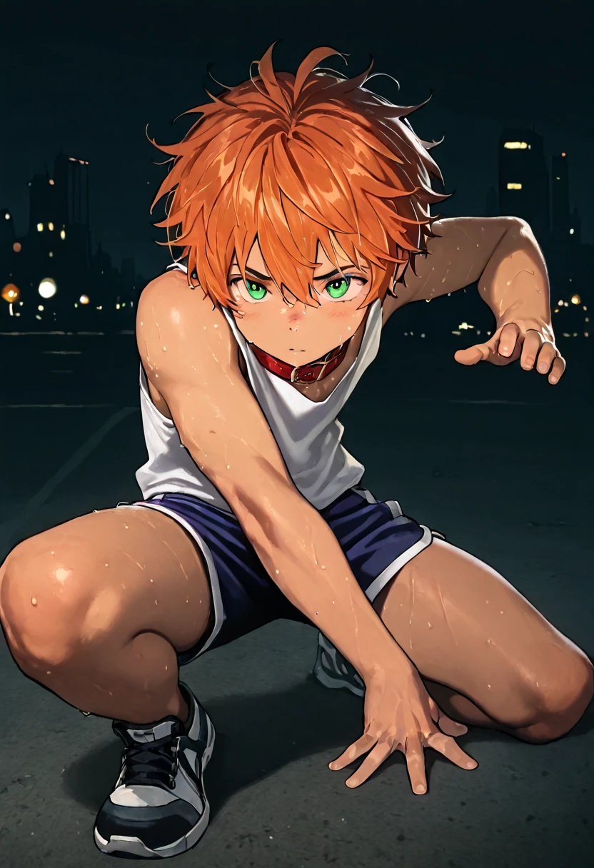 1boy, young male, 18yrs old, brown skin, sweat, dolphin shorts, tank top, fingerless grove, shoes, collar, fighting pose, sunshine, short hair, messy hair, orange hair, green eyes, cinematic lighting, masterpiece, best quality, city square, hong kong