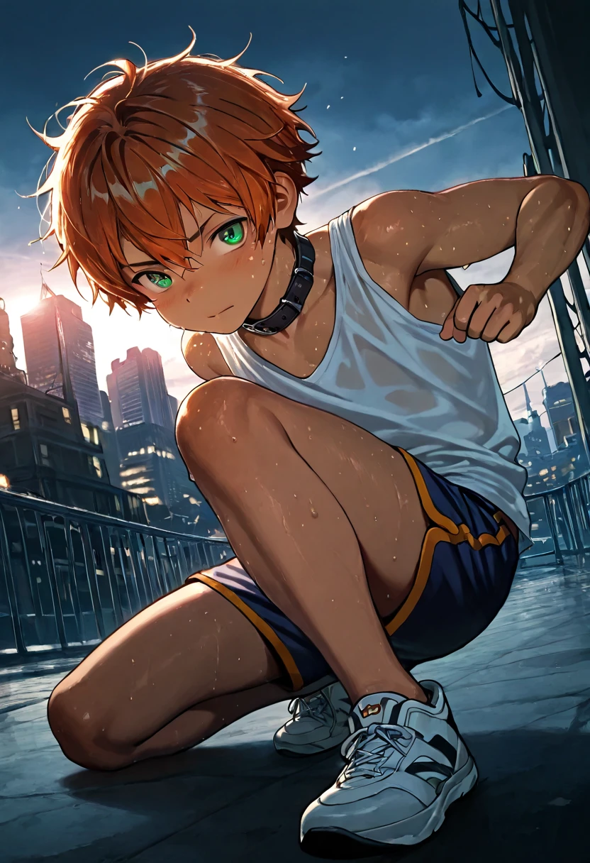 1boy, young male, 18yrs old, brown skin, sweat, dolphin shorts, tank top, fingerless grove, shoes, collar, fighting pose, sunshine, short hair, messy hair, orange hair, green eyes, cinematic lighting, masterpiece, best quality, city square, hong kong