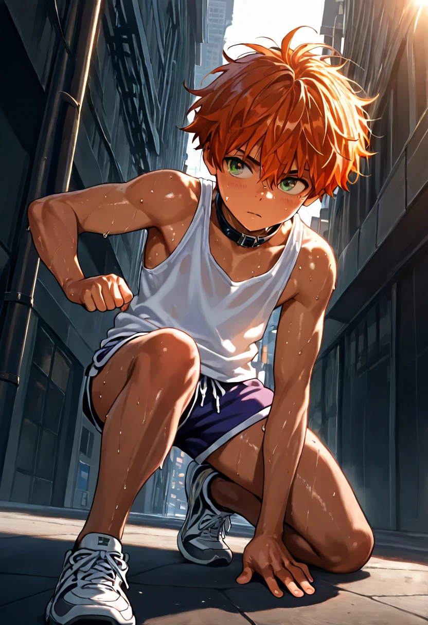 1boy, young male, 18yrs old, brown skin, sweat, dolphin shorts, tank top, fingerless grove, shoes, collar, fighting pose, sunshine, short hair, messy hair, orange hair, green eyes, cinematic lighting, masterpiece, best quality, city square, hong kong