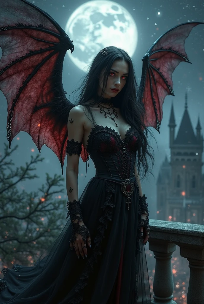Young lively teen girl undergoing a transformation into an evil demonic Vampire, female, long dark hair, pasty pale ghastly skin, red eyes, vampire fans, very long canine teeth becoming fangs, elegant flowing renaissance era black dress, Romanian, dark castle, nighttime, moonlight, dimly lit, horror, threatening to bite you, bearing her fangs, huge leathery bat wings, close, very close, Vampire bite scene, long black obsidian horns, red-tinged skin