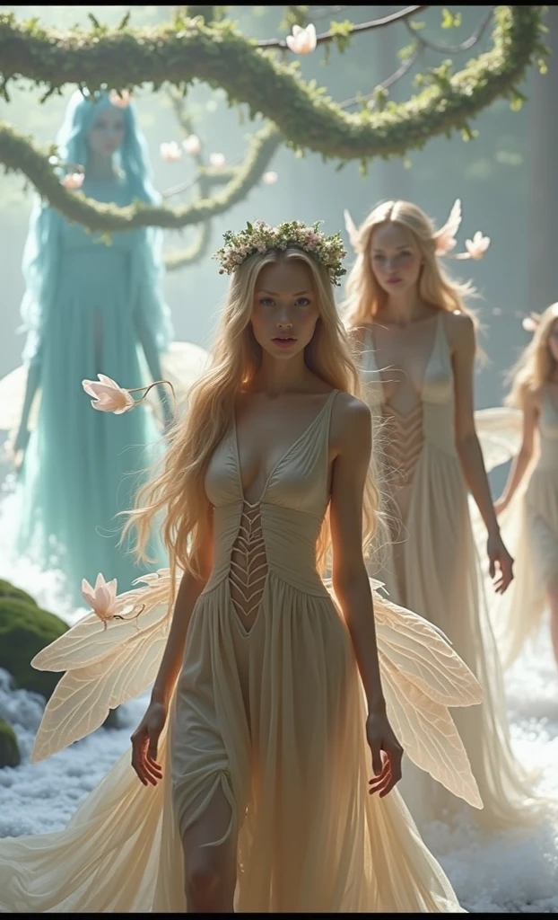 "A full-body shot of a realistic fairytale scene in a magical palace in a beautiful magical forrest, bathed in sunlighting."Beautiful pastel colour pallette. "A fairy queen 1 with realistic striking big blue eyes with eye makeup and a serious, direct gaze at the camera with golden extra long hair, "doing hand stand with both hands", wearing a thin blue/green dress" "Her rose-gold delicade fairy-crown, is hanging by the ends of her hair" " A Fairy queen 2 with golden-brown long curly hair in a thin light blue dress is standing by clapping her hands, looking at fairy queen1 with staring thorough detaled blue bright eyes and shocked look with open mouth, perfect shaped pearly white teeth and pursed lips". "Singing fairy3 with a long white hair in a sheer golden wet transparent dress outfit, big breasts, thin waist, big butt, looks provocative with her mouth almost sedusive at fairy queen 2 laughing." "The lighting is natural and bright, highlighting their features and casting a soft glow around their hair, creating a high-contrast effect that emphasizes the subject's presence. " "Elf king is sitting on a royal chair in a elfie chlothes." "A white rapid sits in on a decorative dining table1:1" "while a rainbow colored bird perches on the top of the thin royal thrown". The scene includes a messy fairy queens in a beautiful and magical forrest palace. "The vast environment paints a magical but weird admosphere". # Configuration settings clip_guidance_scale = 20 # High adherence to the detailed prompt, emphasizing facial features hr_scale = 2.0 # High resolution to capture intricate details in the hair and face. hr scale =2.0 # Perfect human female body. Best hands 1:1, super realistic hair 1:1, hyper realistic eyes 1:1, extra detailed delicate moist skin, most detaled and realistic face 1:1. #A realistic stage with thorough details and clear focus on the queens. Perfect feet, hands and arms and legs and toes. 'Not to many arms or deformed legs'.