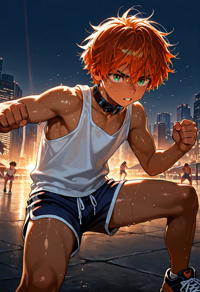 1boy, young male, 18yrs old, brown skin, sweat, dolphin shorts, tank top, fingerless grove, shoes, collar, fighting pose, sunshine, short hair, messy hair, orange hair, green eyes, cinematic lighting, masterpiece, best quality, city square, hong kong