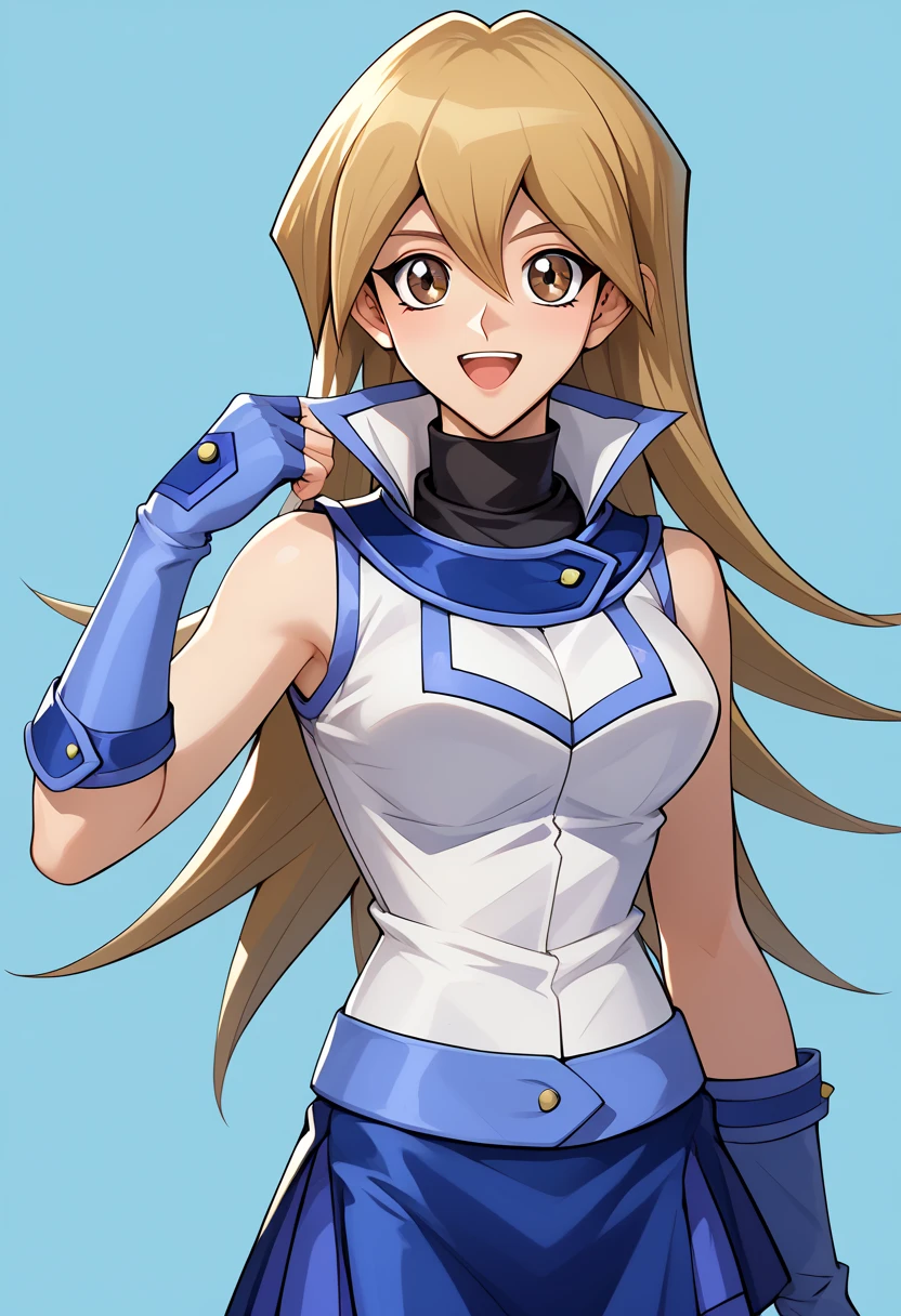 score_9_up, score_8_up, score_7_up,score_6_up, score_5_up, score_4_up, ,1girl, solo, yu-gi-oh!gx, yu-gi-oh!, jasmine (yu-gi-oh gx), grey eyes, happy, full body, duel academy uniform, asuka tenjouin, blonde hair, brown eyes, hair between eyes, long hair, straight hair, very long hair, blue gloves, blue skirt, duel academy uniform (yu-gi-oh! gx), elbow gloves, fingerless gloves, gloves, jacket, miniskirt, skirt, sleeveless, sleeveless jacket, sleeveless shirt, white jacket, momoehama,, sleeveless jacket, blue skirt, turtleneck, flirting, cowboy shot, simple background