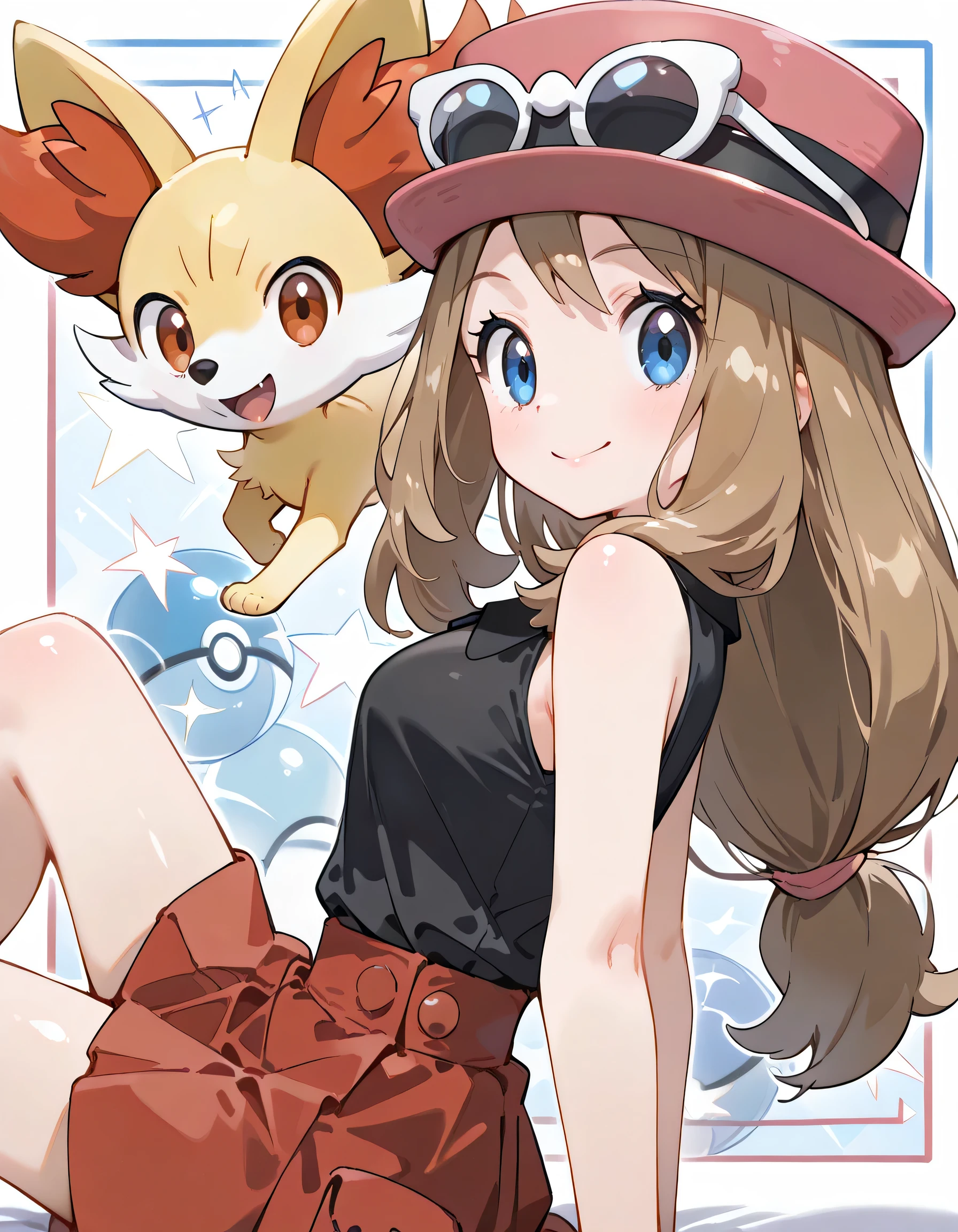 (dynamic angle,dynamic pose:1.3),sideview,sitting,(looking at viewer),Alone,ars old,natural cosmetic,serena, long hair, blue eyes, brown hair,eyewear on head, hat, skirt, sunglasses, shirt, black shirt, sleeveless, red skirt, pink hat,,shiny skin,happy smile,Enchanting chest:1.3,I am the star:1.3,(flat color beautiful Pokemon monsterball background),memorial shot+,Nostalgic scene,with Fennekin(Pokemon),