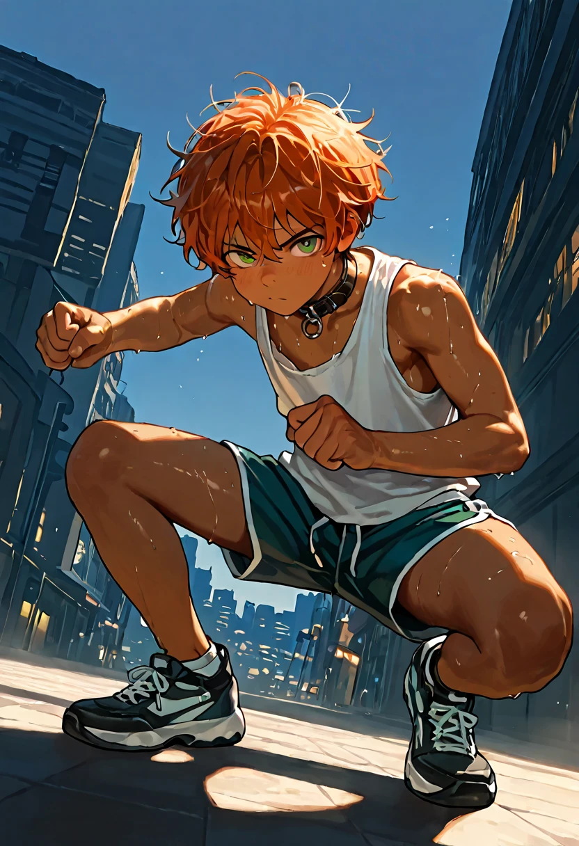 1boy, young male, 18yrs old, brown skin, sweat, dolphin shorts, tank top, fingerless grove, shoes, collar, fighting pose, sunshine, short hair, messy hair, orange hair, green eyes, cinematic lighting, masterpiece, best quality, city square, hong kong