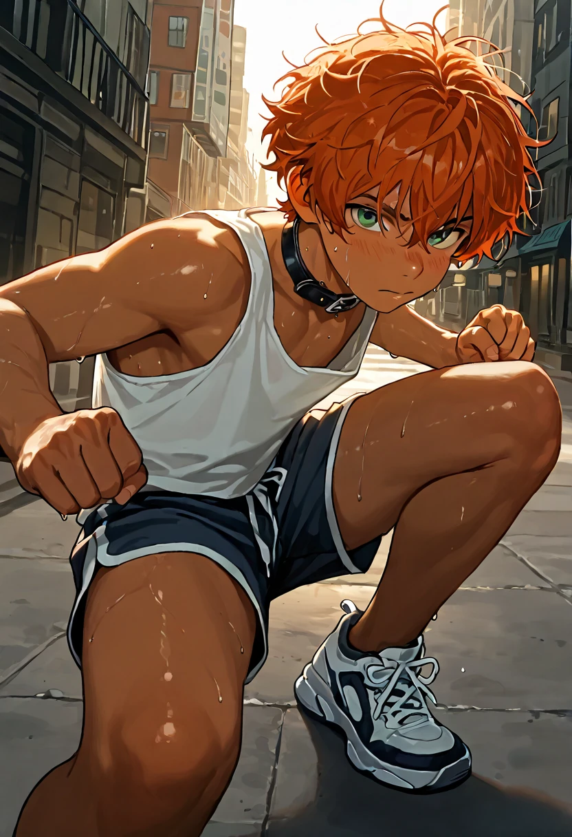 1boy, young male, 18yrs old, brown skin, sweat, dolphin shorts, tank top, fingerless grove, shoes, collar, fighting pose, sunshine, short hair, messy hair, orange hair, green eyes, cinematic lighting, masterpiece, best quality, city square, hong kong