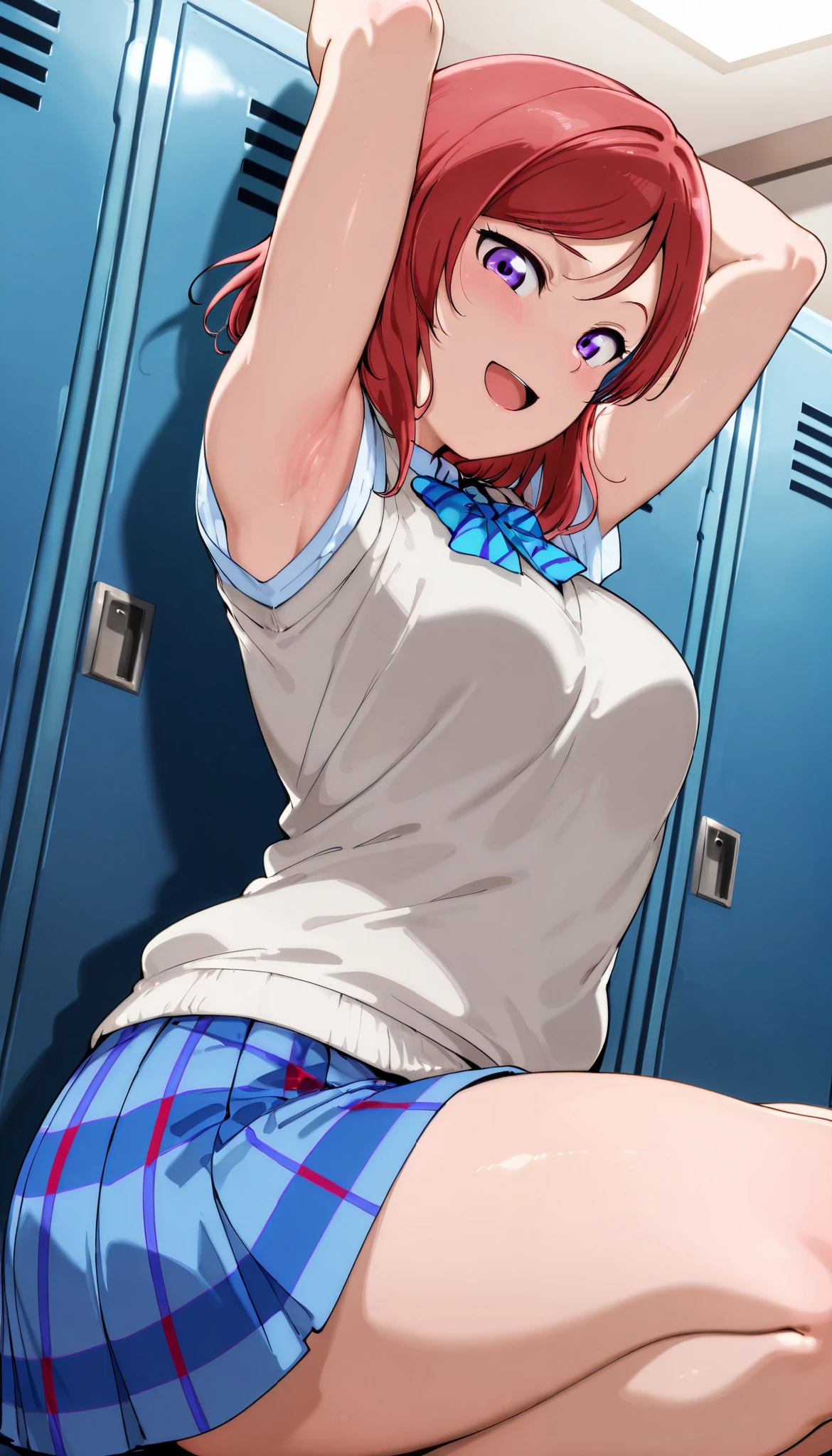 lovelive_maki,
sweater vest, short sleeves, blue plaid skirt, blue stripe bowtie, breasts, red hair, medium hair, purple eyes
,BREAK, armpit, arms over head, focus on armpit,
smile, ,scorn,open mouth, (cheerful),looking at viewer,\(red blush\), embarrassed,
BREAK,Alp,
,Squat,looking down at viewer,Squatting,
from side,show armpit from short sleeves,
((masutepiece,hight resolution)), masutepiece, Best Quality, , absurderes, Perfect Skin, Detailed skin texture, ultra-detailliert, 8K, Intricate details, beautifull detailed face,hight resolution, 1girl ,from front,
indoors,locker room