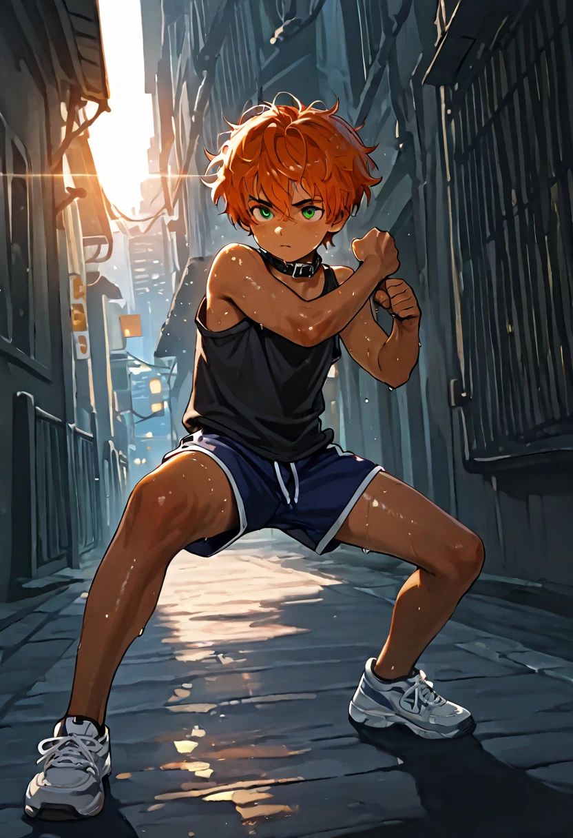 1boy, young male, 18yrs old, brown skin, sweat, dolphin shorts, tank top, fingerless grove, shoes, collar, fighting pose, sunshine, short hair, messy hair, orange hair, green eyes, cinematic lighting, masterpiece, best quality, city square, hong kong