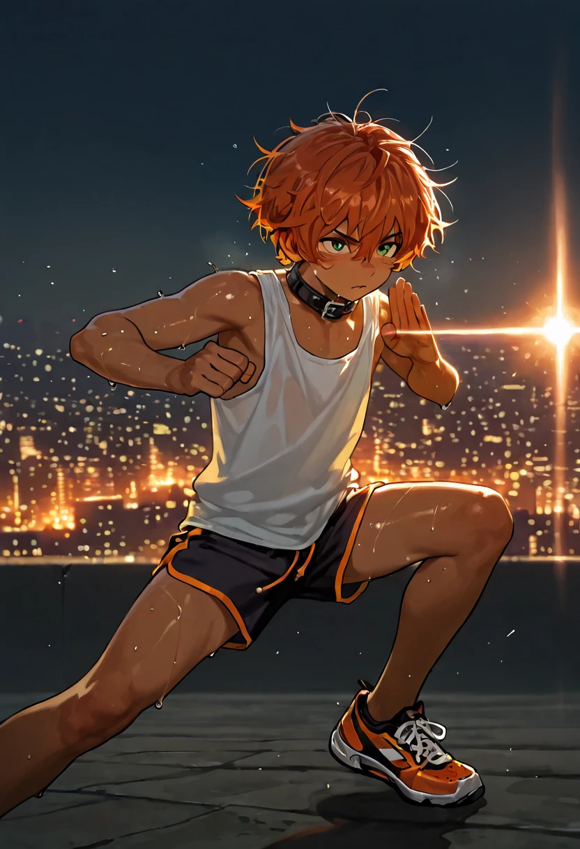1boy, young male, 18yrs old, brown skin, sweat, dolphin shorts, tank top, fingerless grove, shoes, collar, fighting pose, sunshine, short hair, messy hair, orange hair, green eyes, cinematic lighting, masterpiece, best quality, city square, hong kong