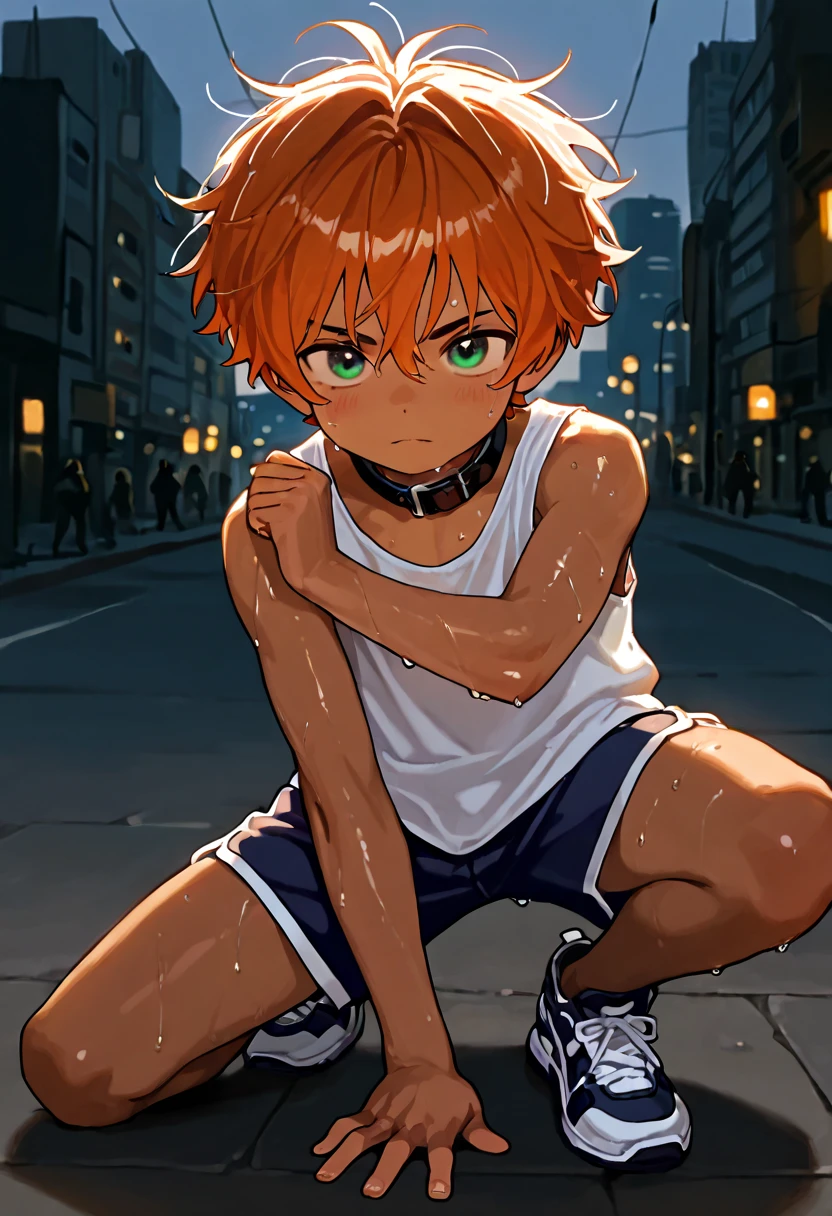 1boy, young male, 18yrs old, brown skin, sweat, dolphin shorts, tank top, fingerless grove, shoes, collar, fighting pose, sunshine, short hair, messy hair, orange hair, green eyes, cinematic lighting, masterpiece, best quality, city square, hong kong