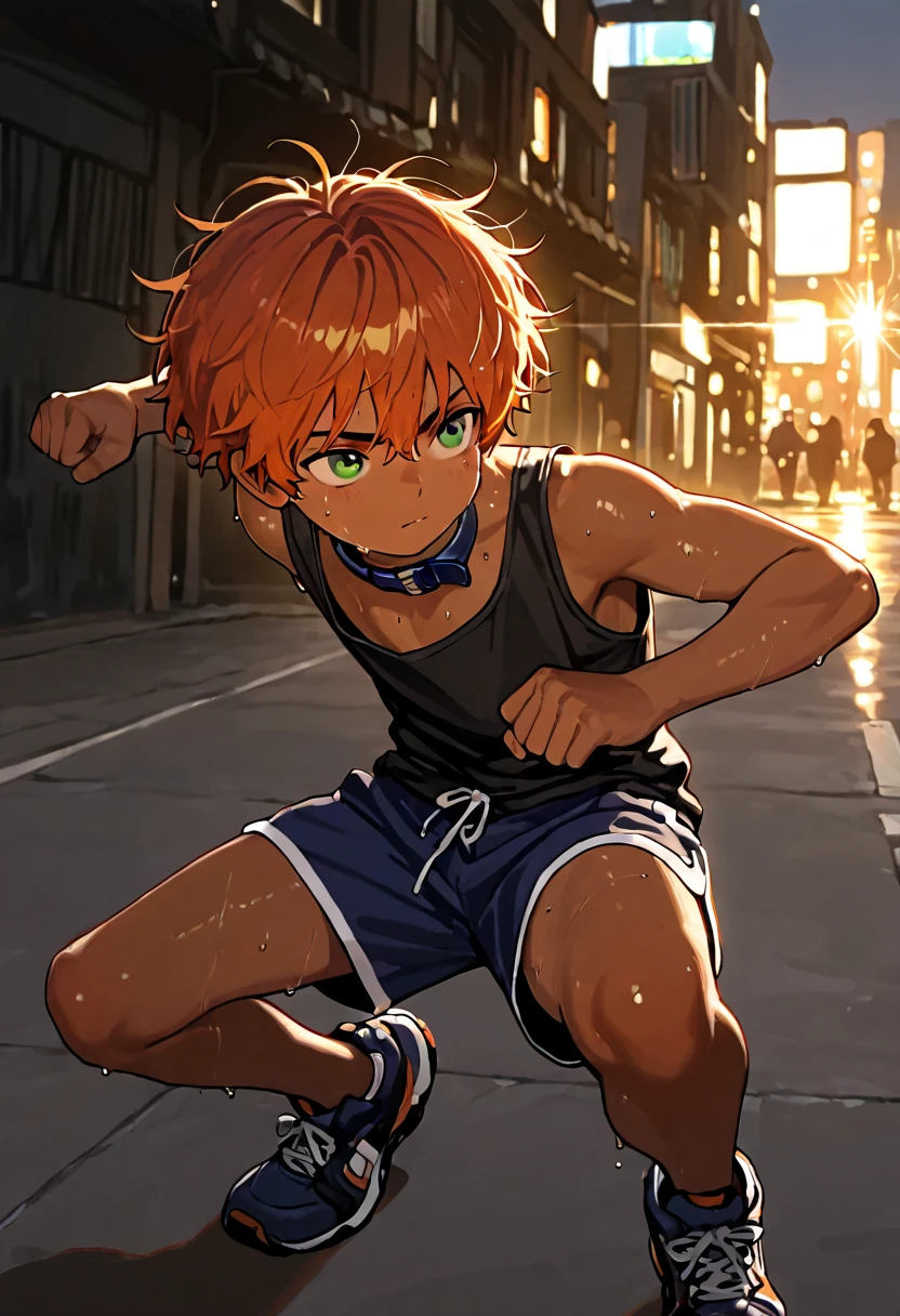 1boy, young male, 18yrs old, brown skin, sweat, dolphin shorts, tank top, fingerless grove, shoes, collar, fighting pose, sunshine, short hair, messy hair, orange hair, green eyes, cinematic lighting, masterpiece, best quality, city square, hong kong
