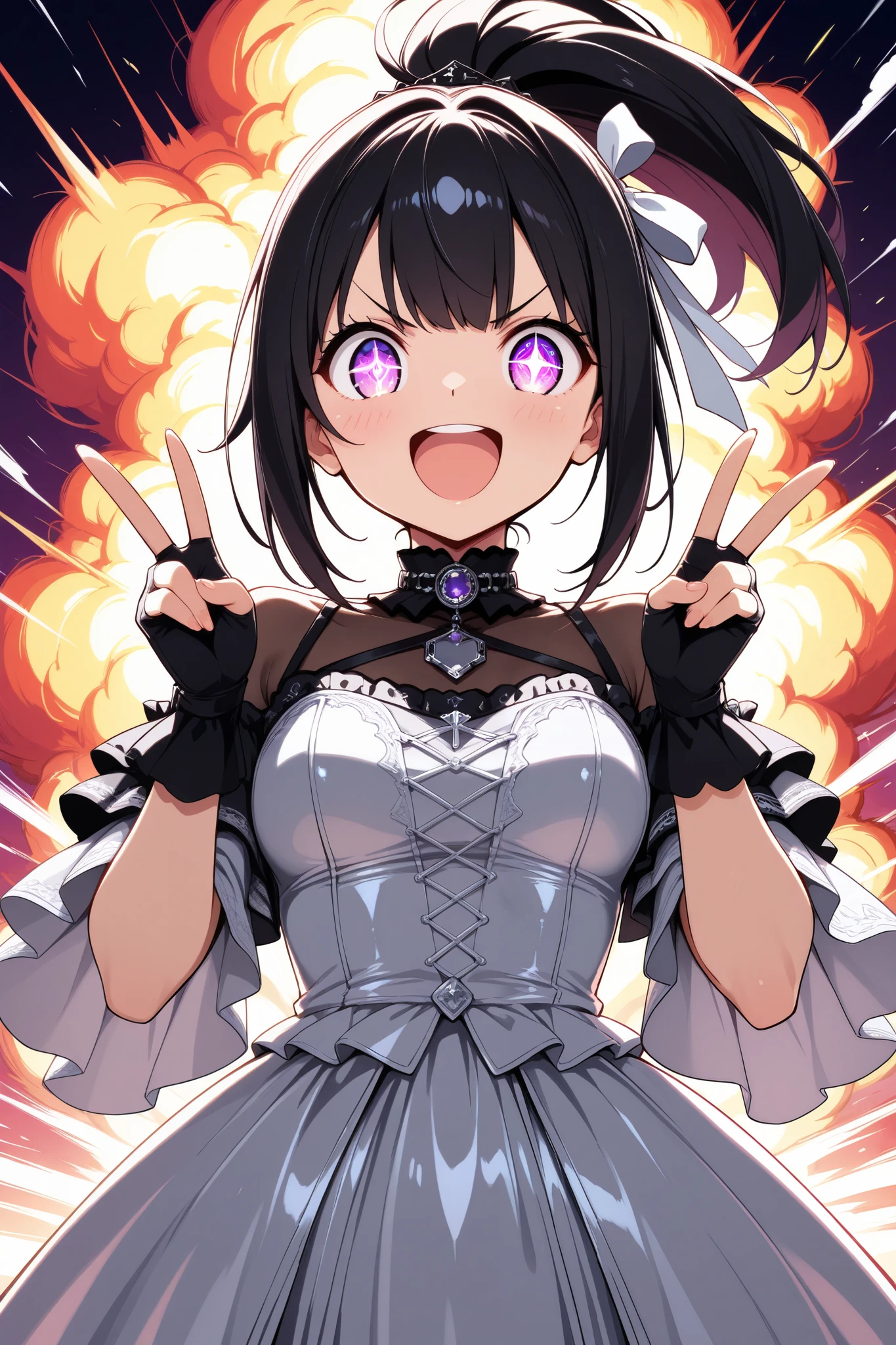 (masterpiece),(absurdres),(ultra detailed),(beautiful detailed),explosion background,upperbody shot,from front:0.8,looking viewer,(doyagao,happy,V-sign:1.2,hands up),(vortex-shaped eyes:1.2),solo lady,(23-year-old),black hair,purple eyes,(short highponytail:0.9),bangs:1.1,(1white ribbon:1.1),(middle breast:0.7),(silver detailed Gothic dress:1.1),レイナ