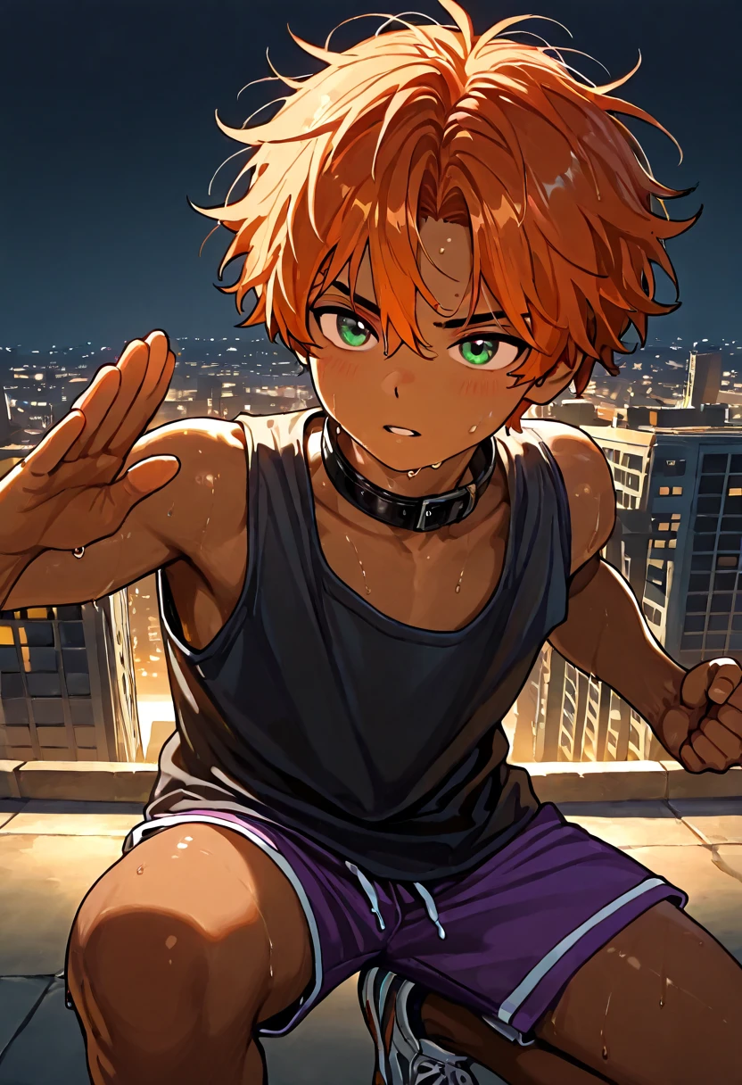 1boy, young male, 18yrs old, brown skin, sweat, dolphin shorts, tank top, fingerless grove, shoes, collar, fighting pose, sunshine, short hair, messy hair, orange hair, green eyes, cinematic lighting, masterpiece, best quality, city square, hong kong