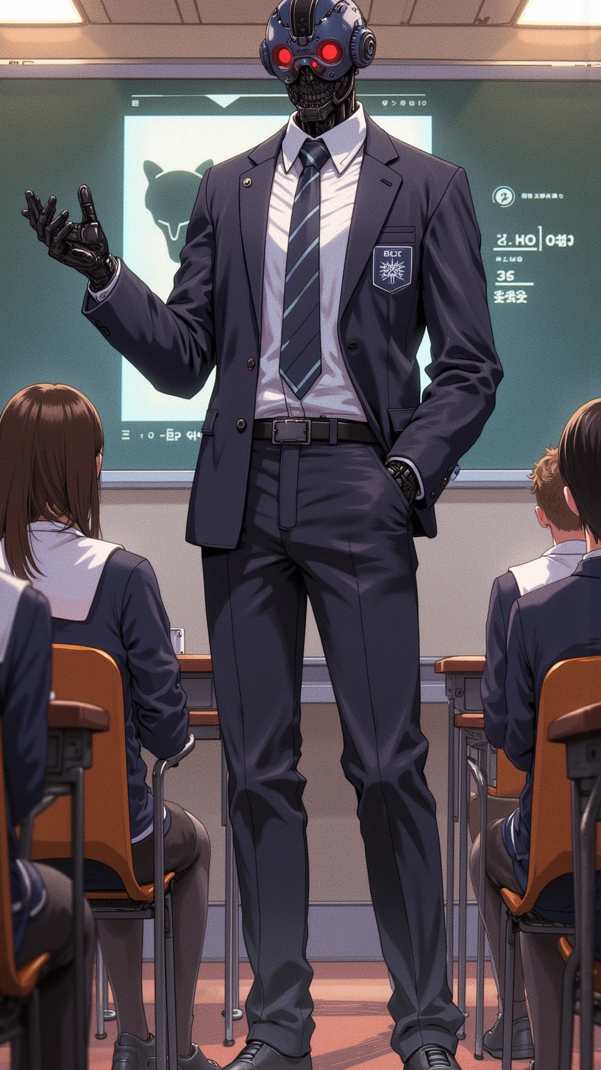One robot like Mechazawa, solo, (school uniform, robot), (inside classroom, introducing new students, standing in front of the podium), full body image, (incredible high resolution, masterpiece, best quality, highly detailed, CG, high quality anime drawing)