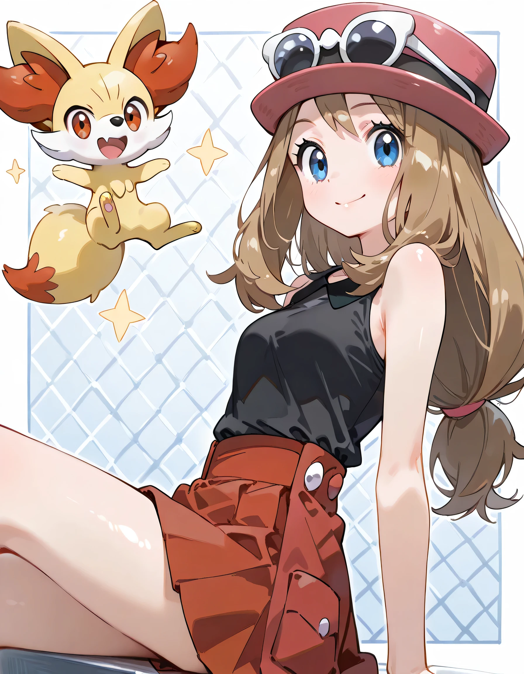 (dynamic angle,dynamic pose:1.3),sideview,sitting,(looking at viewer),Alone,ars old,natural cosmetic,serena, long hair, blue eyes, brown hair,eyewear on head, hat, skirt, sunglasses, shirt, black shirt, sleeveless, red skirt, pink hat,,shiny skin,happy smile,Enchanting chest:1.3,I am the star:1.3,(flat color beautiful Pokemon monsterball background),memorial shot+,Nostalgic scene,with Fennekin(Pokemon),