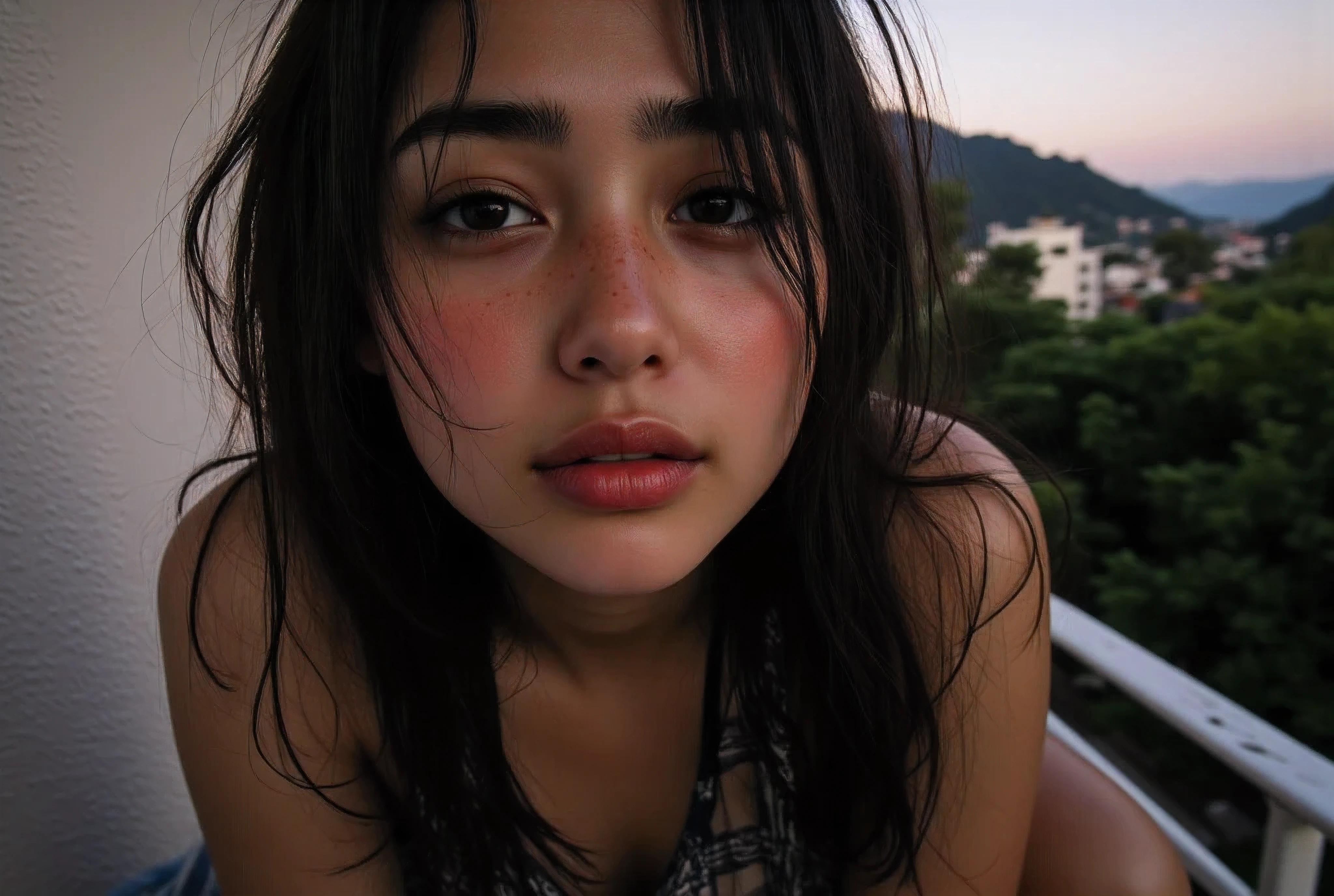Flash photography (realistic,life-like skin texture,symmetrical,aesthetically pleasing,cinematic composition,detailed portrait,photorealistic,masterpiece,ultra-detailed,sharp focus,physically-based rendering,extreme detail description,professional,vivid colors,high resolution,4K,studio lighting,dramatic lighting,dramatic shadows,cute girl at the veranda at her home during evening relaxing in the outdoor couch, Metro Manila, philippines, Evening, nighttime, Cute tan brown-skinned Filipina-korean goth girl, Cute and adorable milf mommy wearing her sexy and alluring Cute girl in a black and white loose tanktop and mini-skirt at the veranda sitting on the outdoor couch at home during sunset relaxing in the outdoor couch very sexy and alluringly hot Filipina-korean woman, tan skin photorealistic and life-like taken from a Leica m9 50mm 1.2, lowlight photography, 4kPhoto_PDXL Photorealistic(adorable and alluring cute korean goth girl) (Large perky breasts, enticing and delectable décolletage) downblouse (photorealistic and life-like portrait, beautiful and realistic life-like skin texture) (photography flash fill lights)(rustic and homey filipino style country home in the mountains with the city in the background)Flash photography (large perky breasts:1.2) , homey and cozy clothing , cute stylish but casual clothes, croptop midriff baby t-shirt and plaid mini-skirt , Beautiful autumn amber skies (Large and prominent perky breasts) Flash photography, gyaru, Aesthetically pleasing cinematic composition, epic perspective, dramatic lighting and shadows, features a young woman with long, slightly tousled dark hair sitting on a cozy outdoor patio during sunset. She has a relaxed yet intense gaze, with soft lighting highlighting her smooth skin and subtle makeup. She is wearing a black crop top and plaid mini-skirt, (perfect Human anatomical form) sexy and alluring body, large perky breasts, light abs, Flash photography