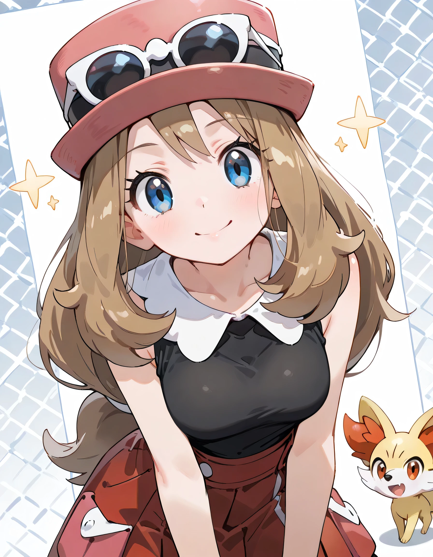 (dynamic angle,dynamic pose:1.3),leaning forward,(looking at viewer),Alone,ars old,natural cosmetic,serena, long hair, blue eyes, brown hair,eyewear on head, hat, skirt, sunglasses, shirt, black shirt, sleeveless, red skirt, pink hat,,shiny skin,happy smile,Enchanting chest:1.3,I am the star:1.3,(flat color beautiful Pokemon monsterball background),memorial shot+,Nostalgic scene,with Fennekin(Pokemon),