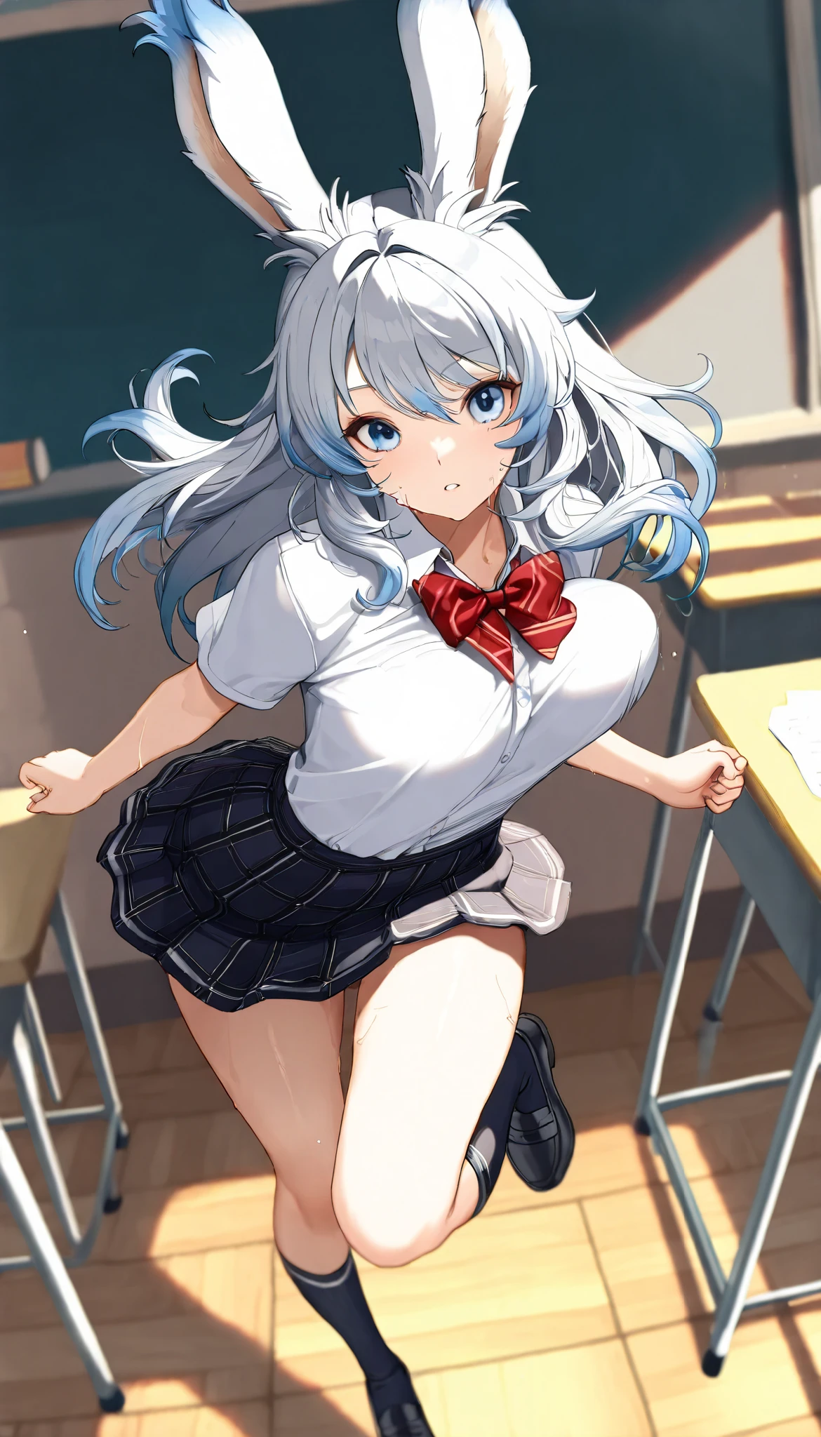 (((( masterpiece)))), (((( Top Quality)))), (((Mysterious transfer student from another world、classroom))), Hi-Res,fine grain, detailed face, Very detailed facial depiction, detailed eyes 、detailed face、detailed hair 、 Sparkling Skin 、sweat、viera, is a student at the Magic Academy , transparent school uniform , , mini skirt 、 action, bouncing chest , full body shot ,