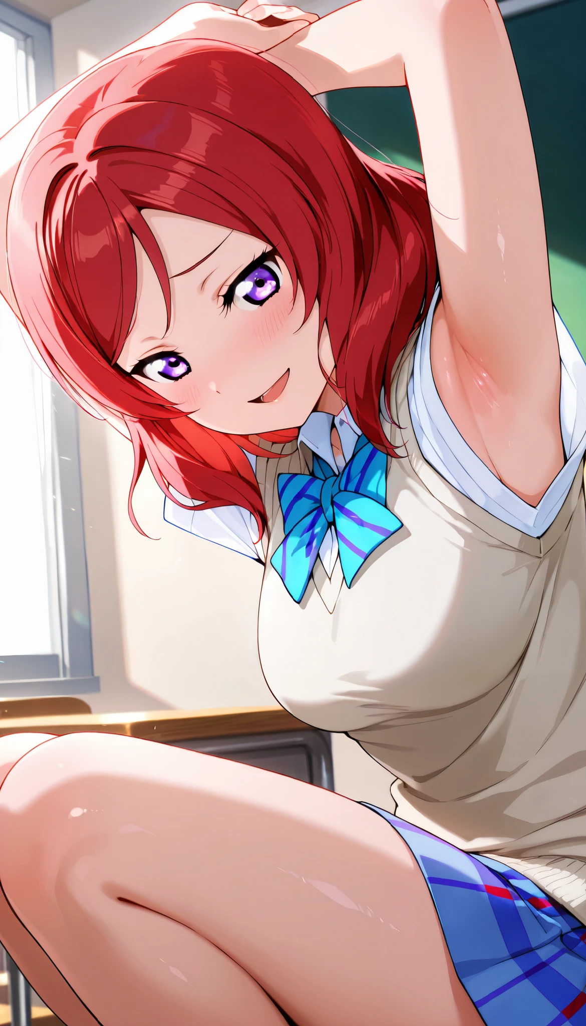 lovelive_maki,
sweater vest, short sleeves, blue plaid skirt, blue stripe bowtie, breasts, red hair, medium hair, purple eyes
,BREAK, armpit, arms over head, focus on armpit,
smile, ,scorn,open mouth, (cheerful),looking down at viewer,\(red blush\), embarrassed,
BREAK,
,sitting,looking down at viewer,Squatting,
from side,show armpit from short sleeves,
((masutepiece,hight resolution)), masutepiece, Best Quality, , absurderes, Perfect Skin, Detailed skin texture, ultra-detailliert, 8K, Intricate details, beautifull detailed face,hight resolution, 1girl ,from front,
indoors,class room