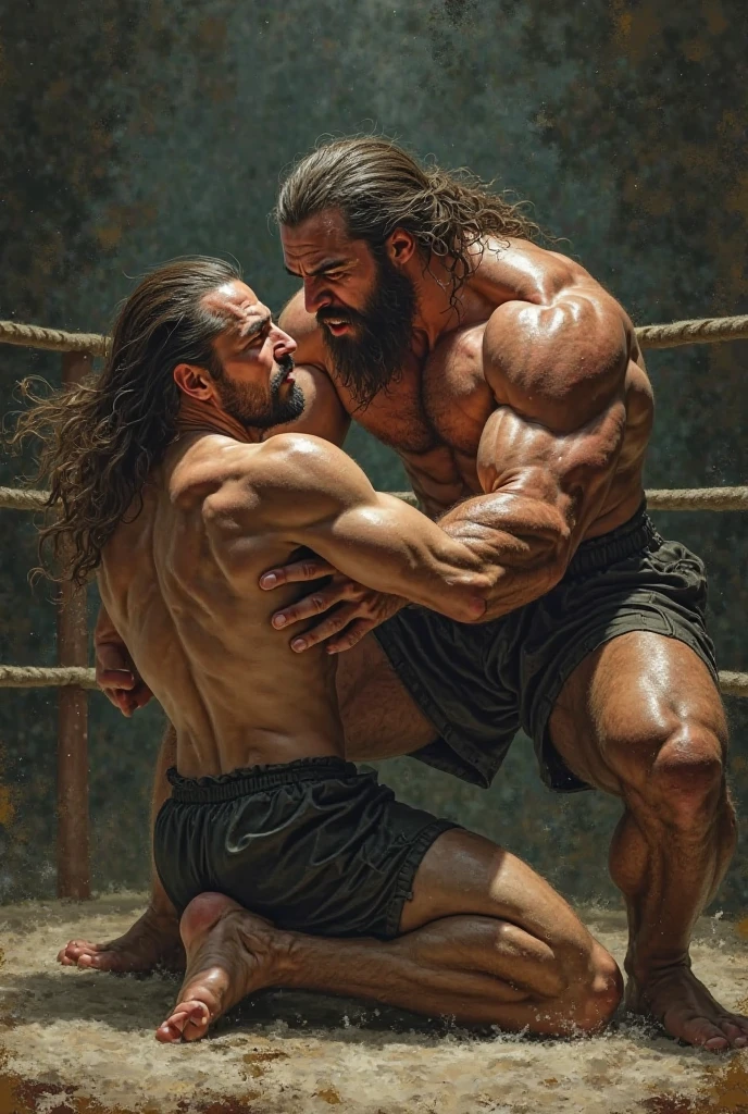 Greco-Roman wrestling in the takedown position on the ground