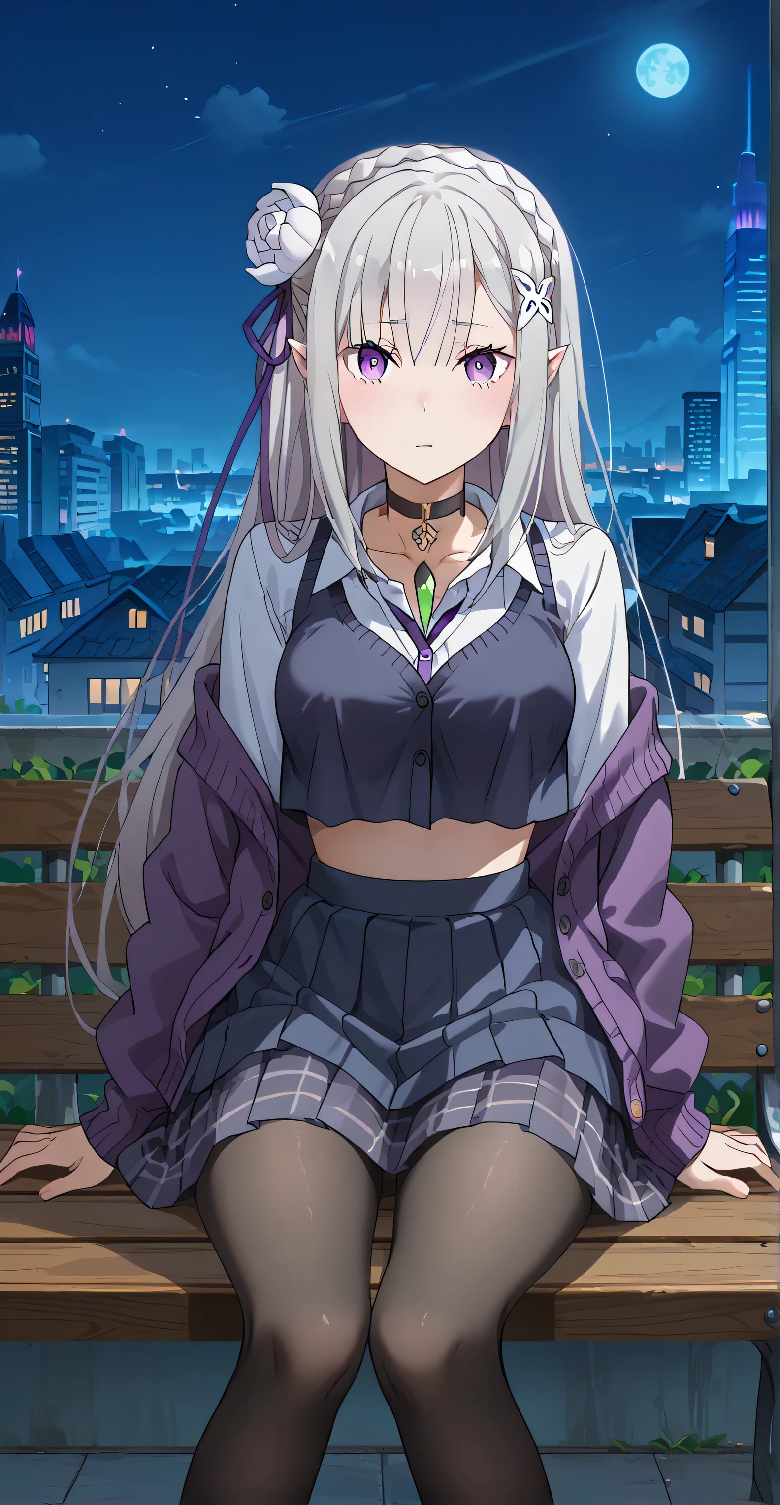 score_9, score_8_up, score_7_up,source_anime,rating_explicit, BREAK, 1girl, solo, anime screencap, anime coloring, shimilia, long hair, grey hair, purple eyes, pointy ears, crown braid, hair flower, hair ribbon, purple ribbon, x hair ornament, masterpiece,best quality, medium breasts, ((Colar shirt, croptop overhang, Cardigan, choker, skirt, pantyhose)) cool face, looking at viewer, Sit dowon on streat bench, Night, building