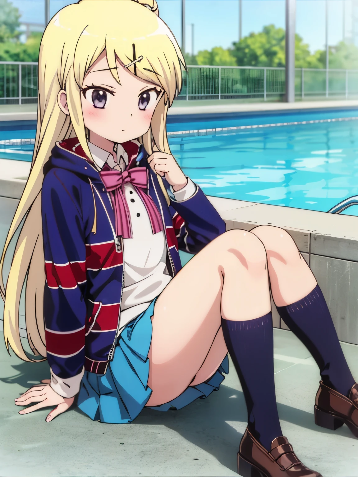 1girl with thick thighs in a miniskirt sitting poolside solo KUJO KAREN UNION JACK JACKET, STRIPED BOW, WHITE SHIRT, LONG SLEEVES, PLEATED SKIRT, BLUE SKIRT, KNEEHIGHS Karen's face, knees, and thick thighs