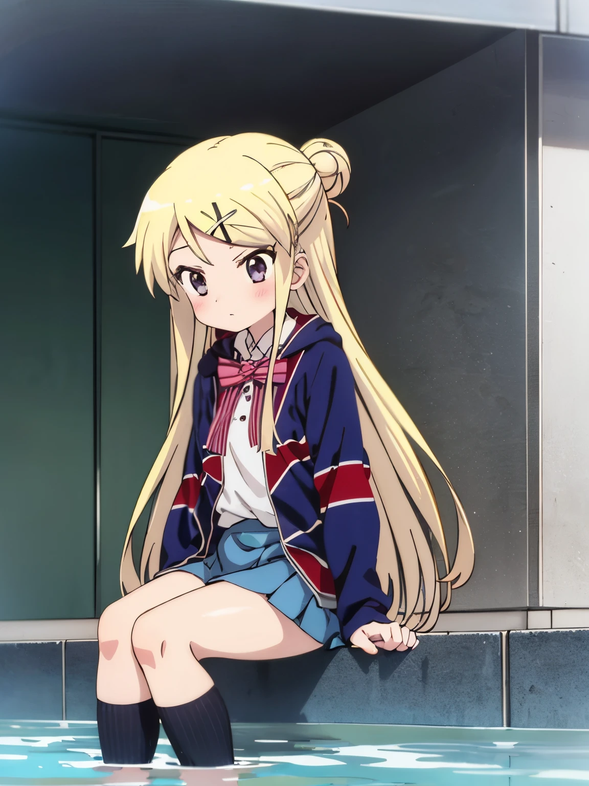 1girl with thick thighs in a miniskirt sitting poolside solo KUJO KAREN UNION JACK JACKET, STRIPED BOW, WHITE SHIRT, LONG SLEEVES, PLEATED SKIRT, BLUE SKIRT, KNEEHIGHS Karen's face, knees, and thick thighs