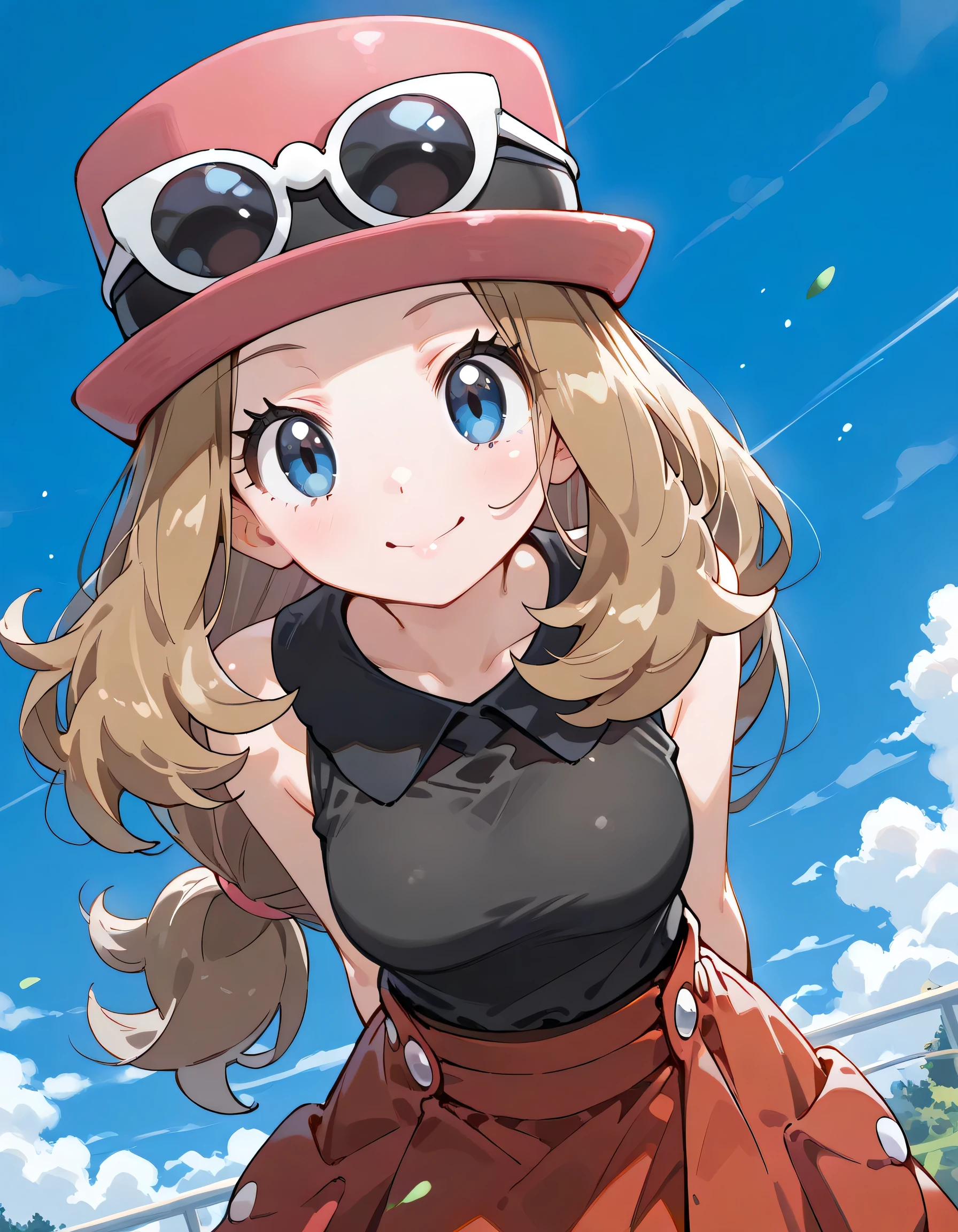 (dynamic angle,dynamic pose:1.3),leaning forward,(looking at viewer),arms behind back,Alone,ars old,natural cosmetic,serena, long hair, blue eyes, brown hair,eyewear on head, hat, skirt, sunglasses, shirt, black shirt, sleeveless, red skirt, pink hat,,shiny skin,happy smile,Enchanting chest:1.3,I am the star:1.3,(flat color beautiful Pokemon monsterball background),memorial shot+,Nostalgic scene,with Fennekin(Pokemon):1.2