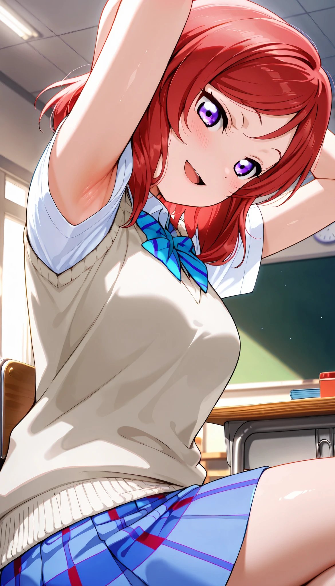 lovelive_maki,
sweater vest, short sleeves, blue plaid skirt, blue stripe bowtie, breasts, red hair, medium hair, purple eyes
,BREAK, armpit, arms over head, focus on armpit,
smile, ,scorn,open mouth, (cheerful),looking down at viewer,\(red blush\), embarrassed,
BREAK,
,sitting,looking down at viewer,Squatting,
from side,show armpit from short sleeves,
((masutepiece,hight resolution)), masutepiece, Best Quality, , absurderes, Perfect Skin, Detailed skin texture, ultra-detailliert, 8K, Intricate details, beautifull detailed face,hight resolution, 1girl ,from front,
indoors,class room
