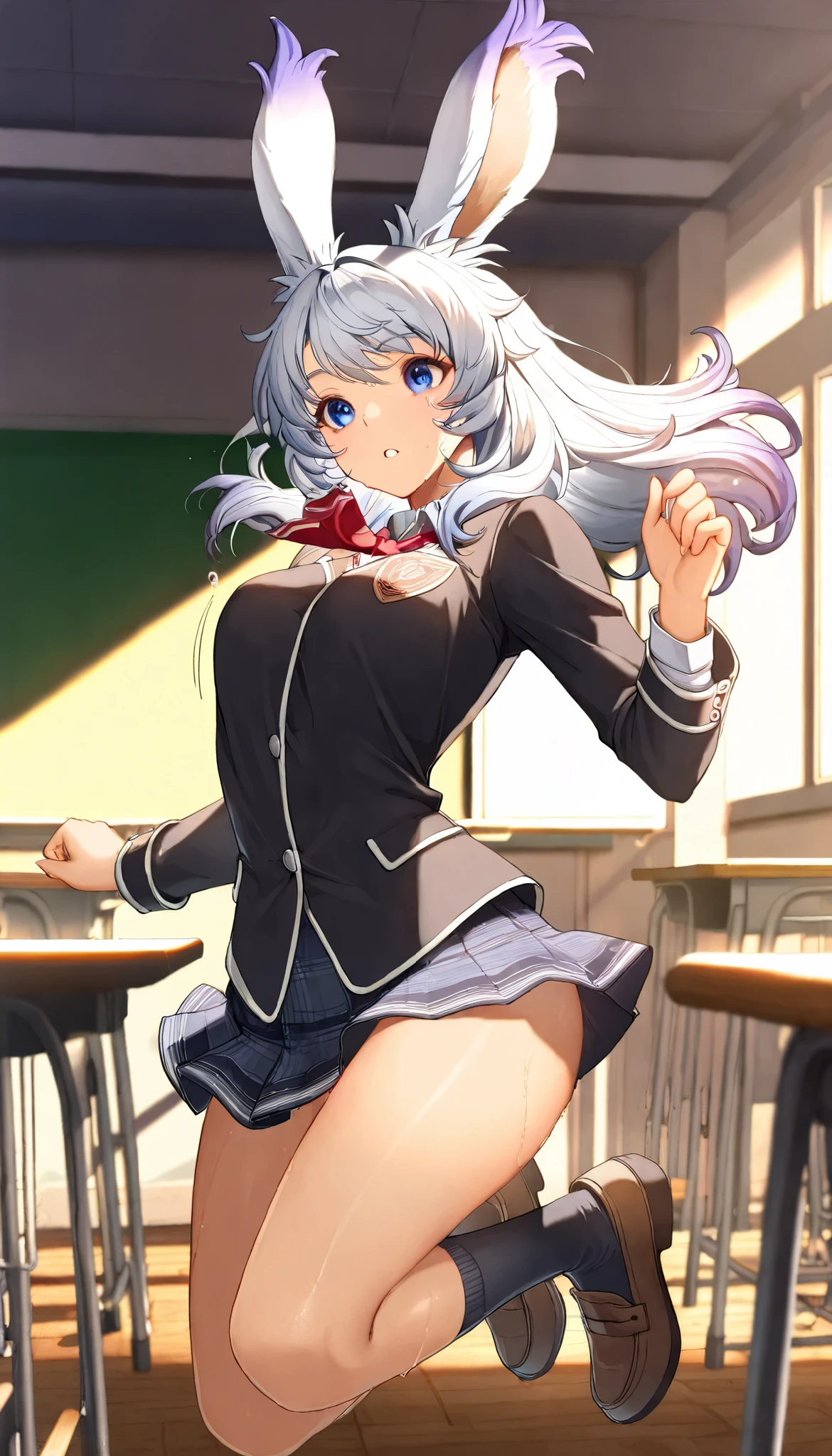 (((( masterpiece)))), (((( Top Quality)))), (((Mysterious transfer student from another world、classroom))), Hi-Res,fine grain, detailed face, Very detailed facial depiction, detailed eyes 、detailed face、detailed hair 、 Sparkling Skin 、sweat、viera, is a student at the Magic Academy , transparent school uniform , , mini skirt 、 action, bouncing chest , full body shot ,
