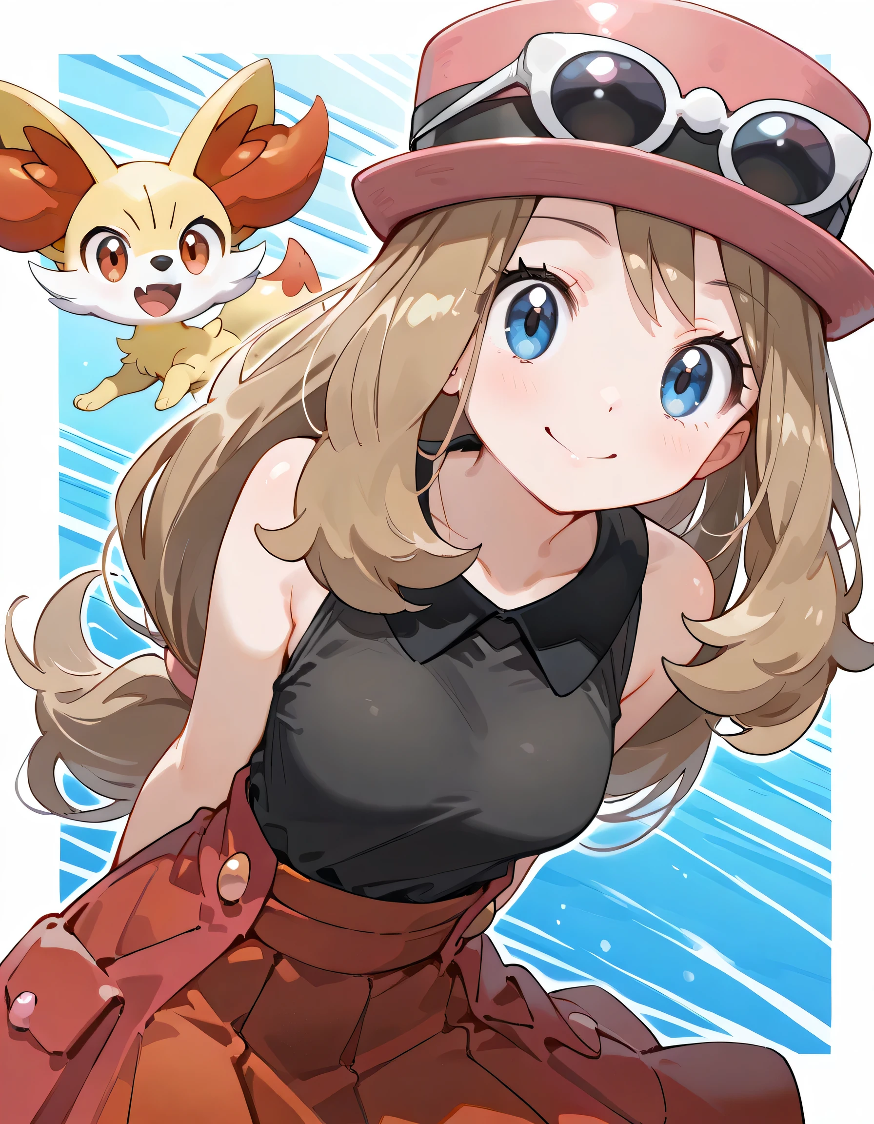 (dynamic angle,dynamic pose:1.3),leaning forward,(looking at viewer),arms behind back,with Fennekin(Pokemon):1.2,ars old,natural cosmetic,serena, long hair, blue eyes, brown hair,eyewear on head, hat, skirt, sunglasses, shirt, black shirt, sleeveless, red skirt, pink hat,,shiny skin,happy smile,Enchanting chest:1.3,I am the star:1.3,(flat color beautiful Pokemon monsterball background),memorial shot+,Nostalgic scene,