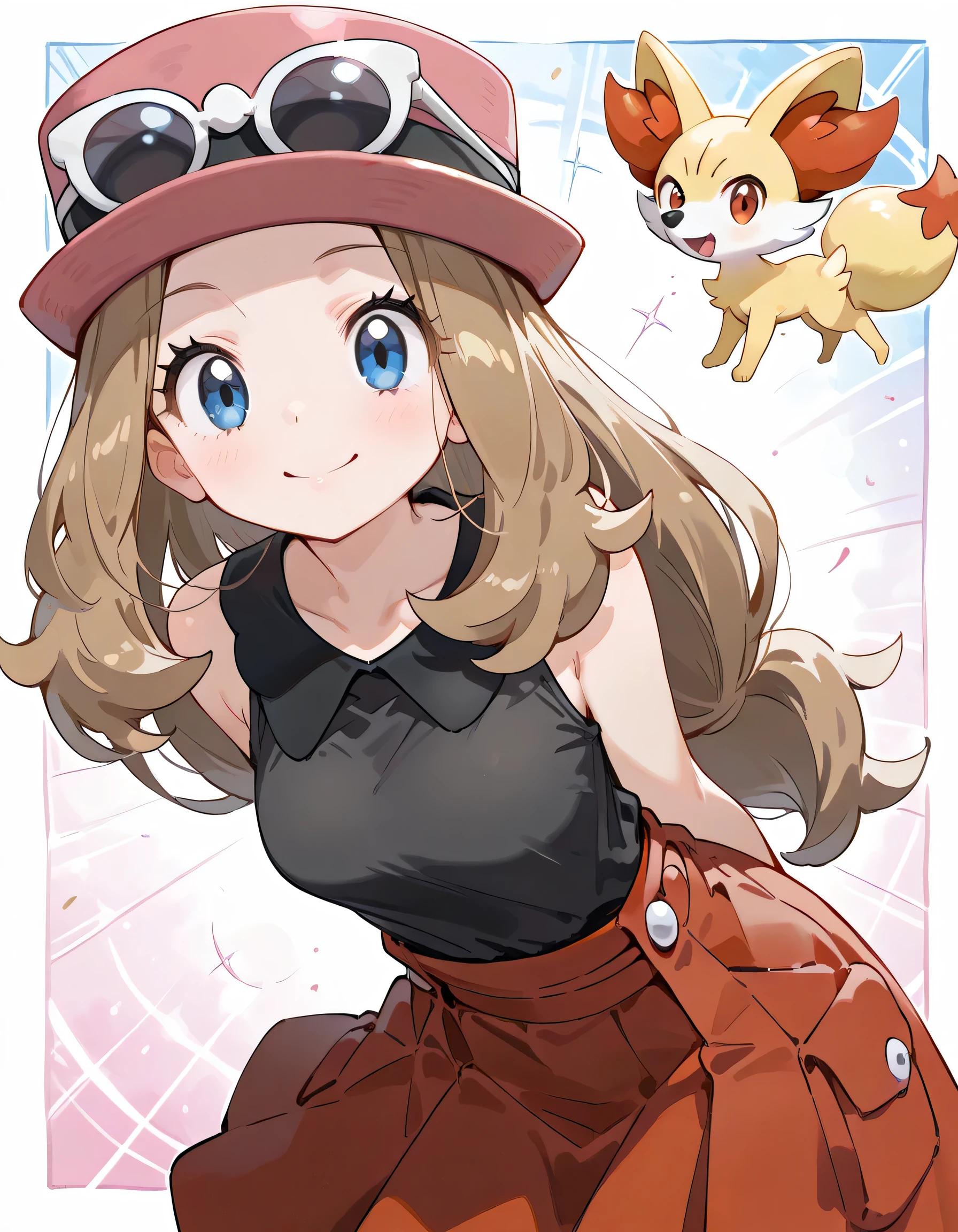 (dynamic angle,dynamic pose:1.3),leaning forward,(looking at viewer),arms behind back,with Fennekin(Pokemon):1.2,ars old,natural cosmetic,serena, long hair, blue eyes, brown hair,eyewear on head, hat, skirt, sunglasses, shirt, black shirt, sleeveless, red skirt, pink hat,,shiny skin,happy smile,Enchanting chest:1.3,I am the star:1.3,(flat color beautiful Pokemon monsterball background),memorial shot+,Nostalgic scene,